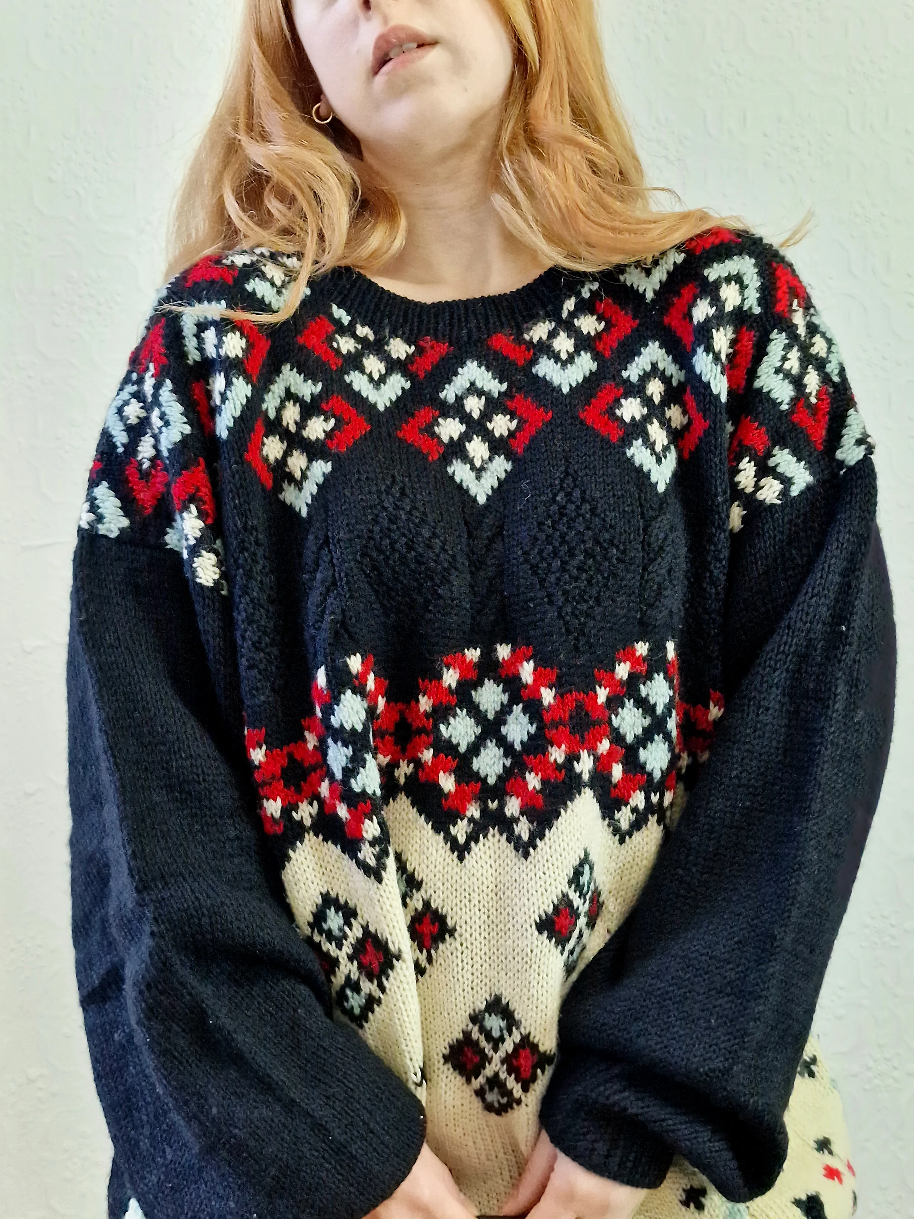 Vintage 80s Black & Cream Geometric Patterned Jumper with Crew Neck - XL - Image 9