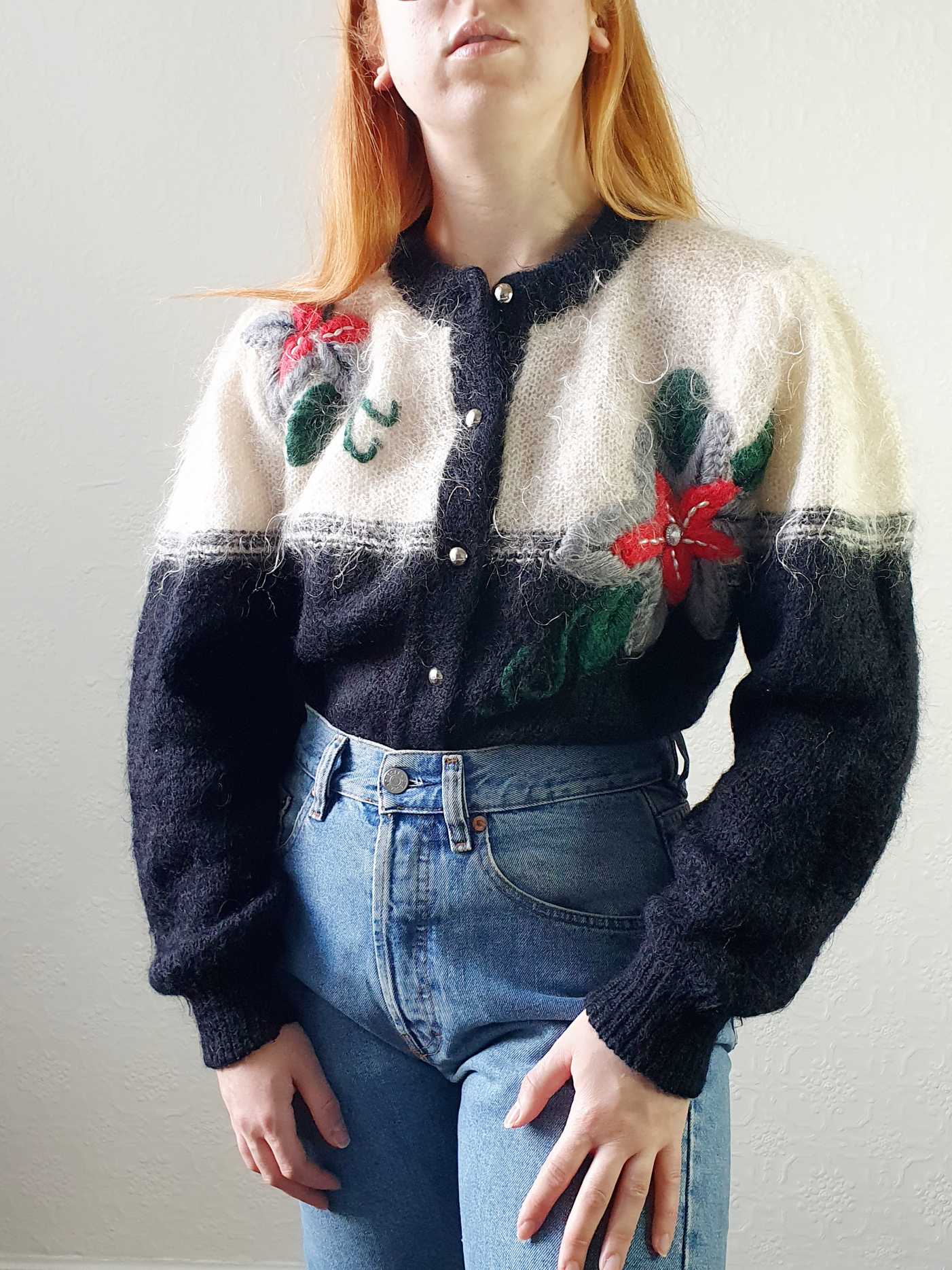 Vintage 80s Black & Cream Mohair Cardigan with Floral Detail - M