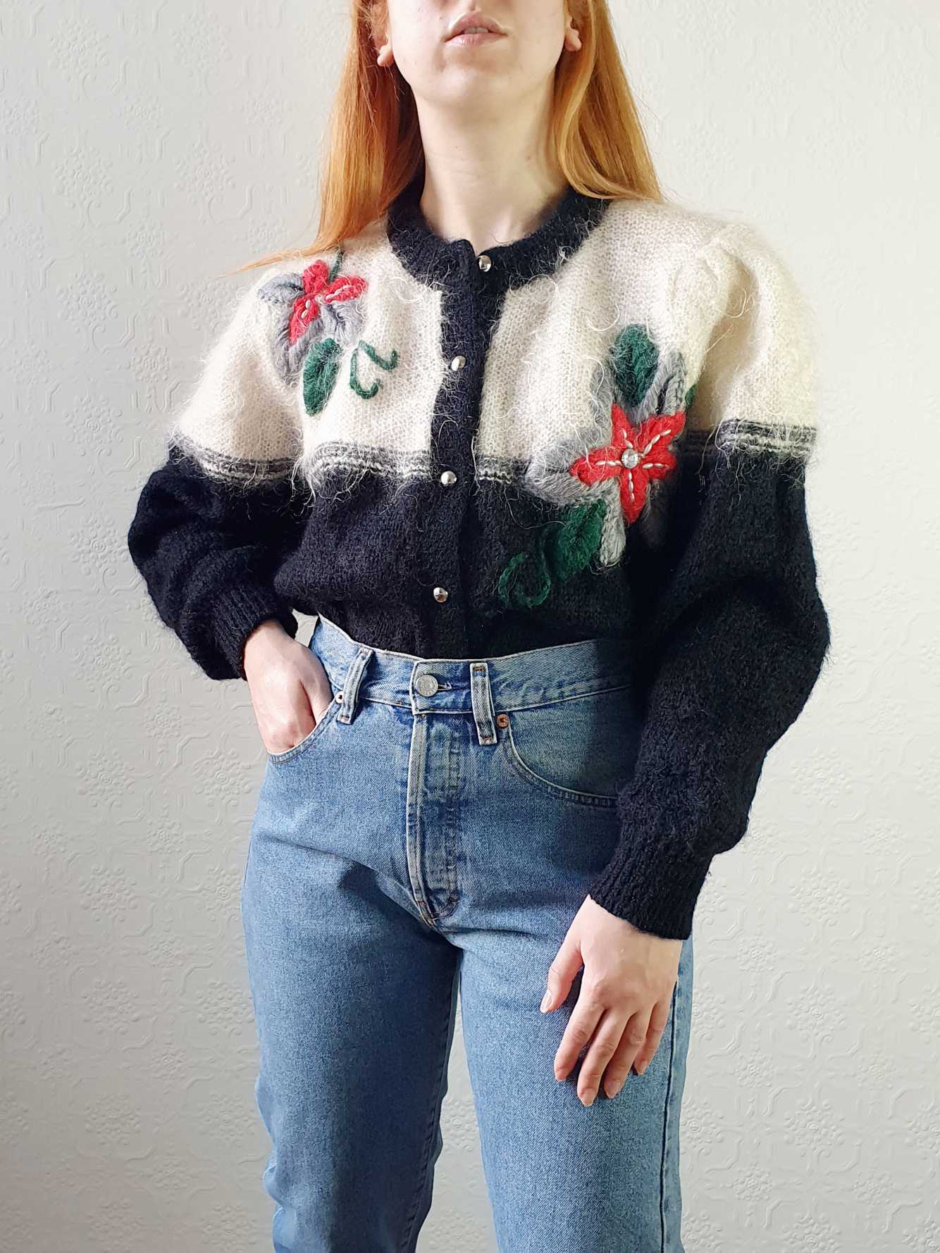 Vintage 80s Black & Cream Mohair Cardigan with Floral Detail - M - Image 2