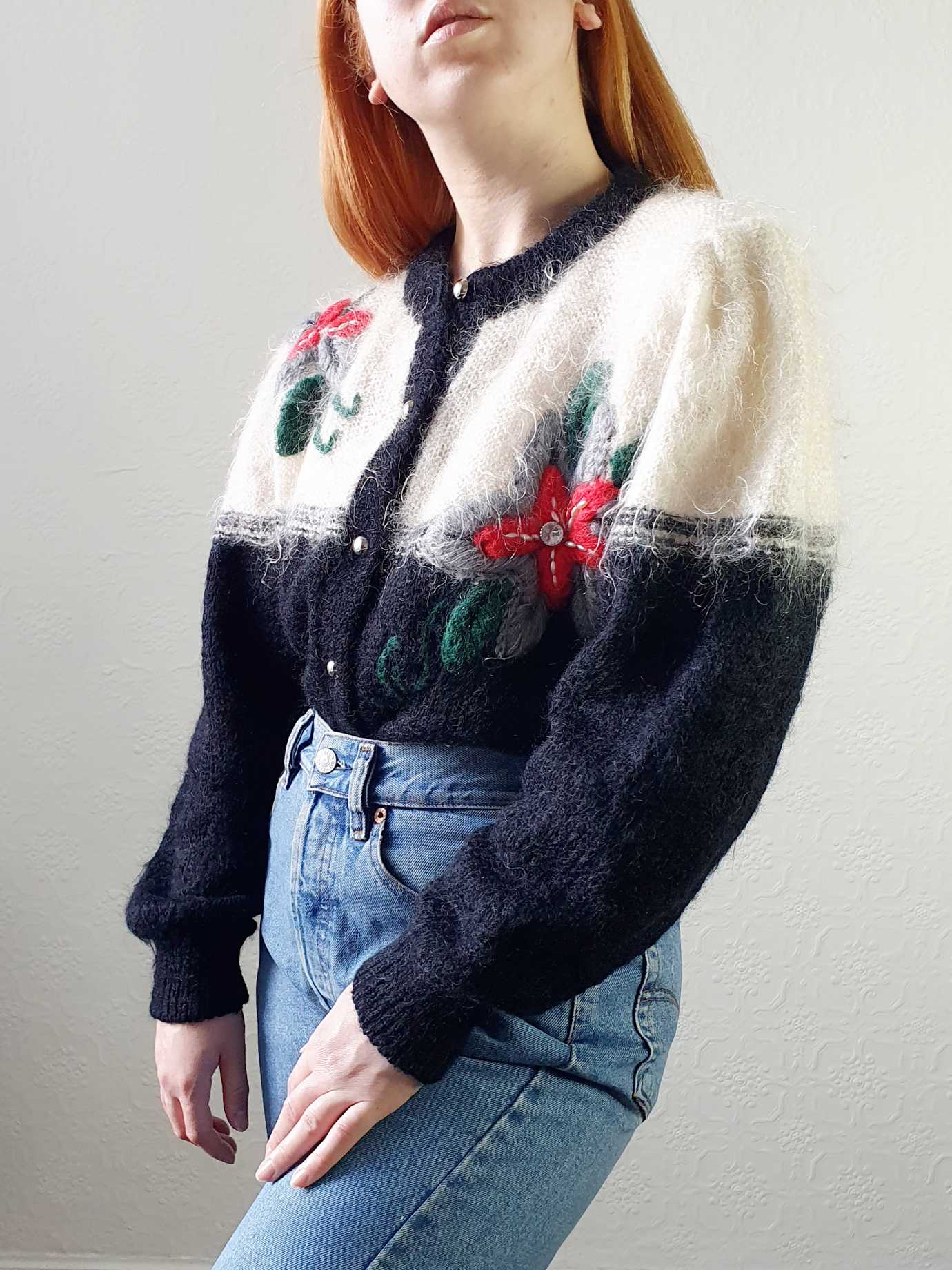Vintage 80s Black & Cream Mohair Cardigan with Floral Detail - M - Image 3