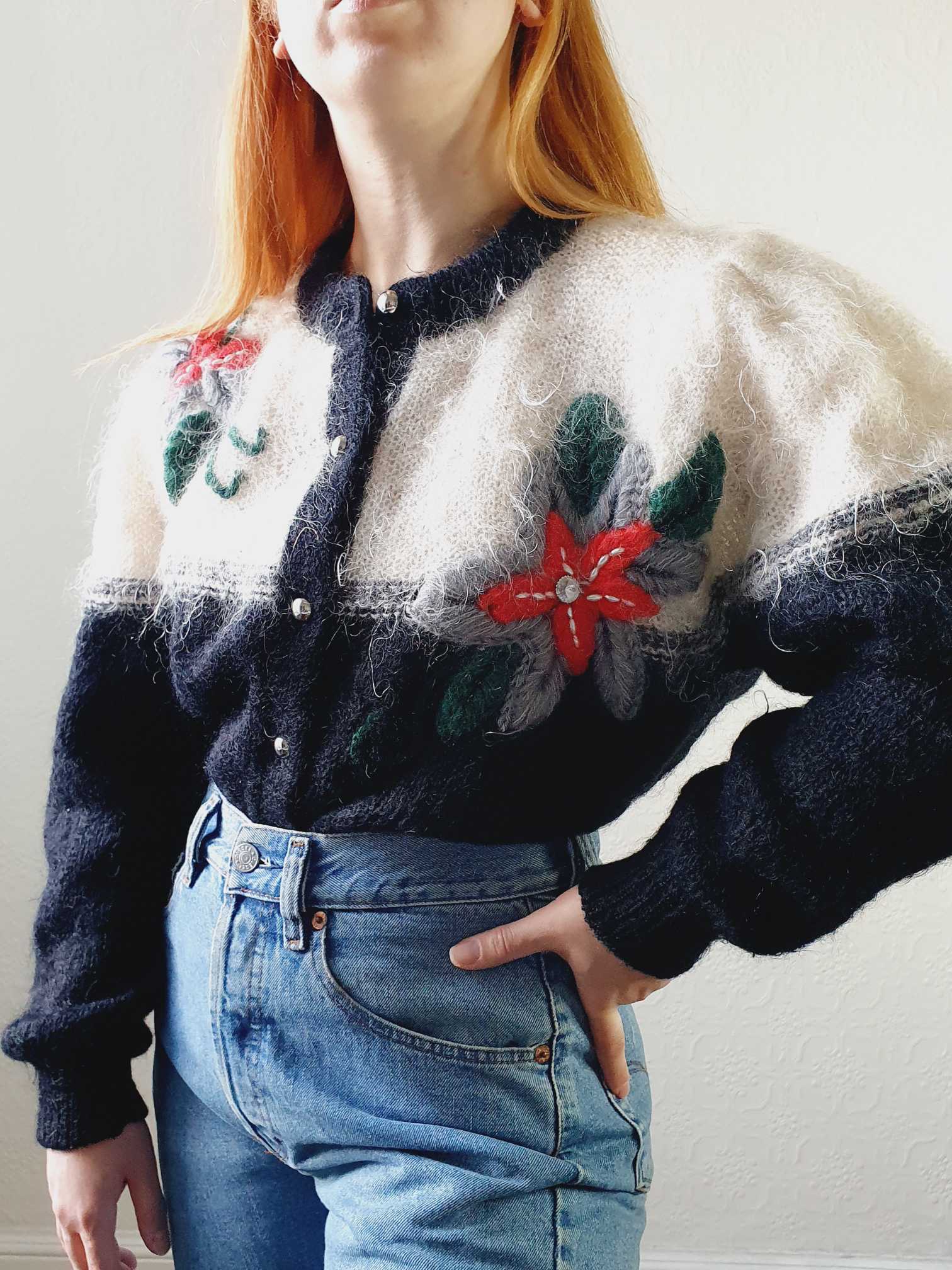 Vintage 80s Black & Cream Mohair Cardigan with Floral Detail - M - Image 4