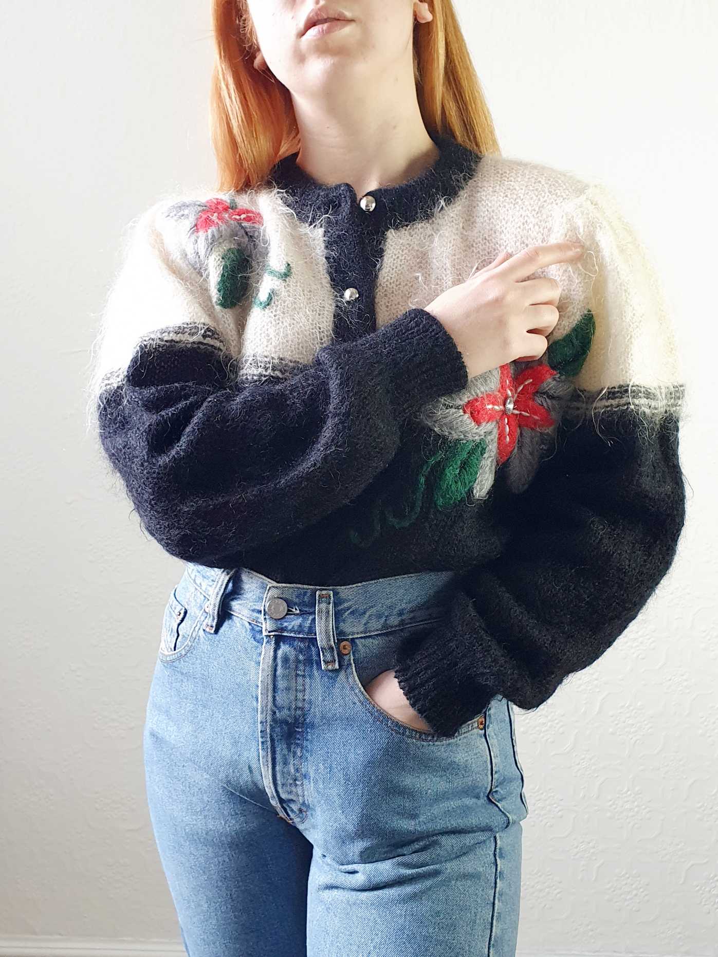 Vintage 80s Black & Cream Mohair Cardigan with Floral Detail - M - Image 5