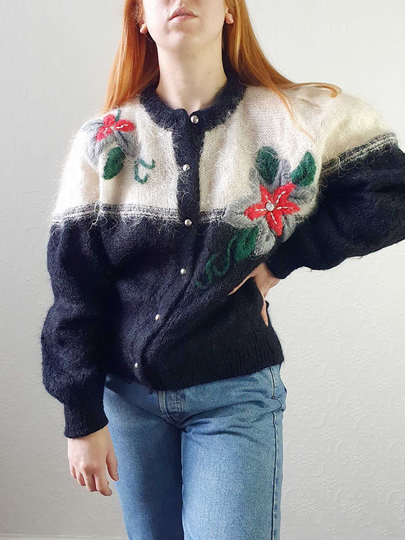 Vintage 80s Black & Cream Mohair Cardigan with Floral Detail - M - Image 6