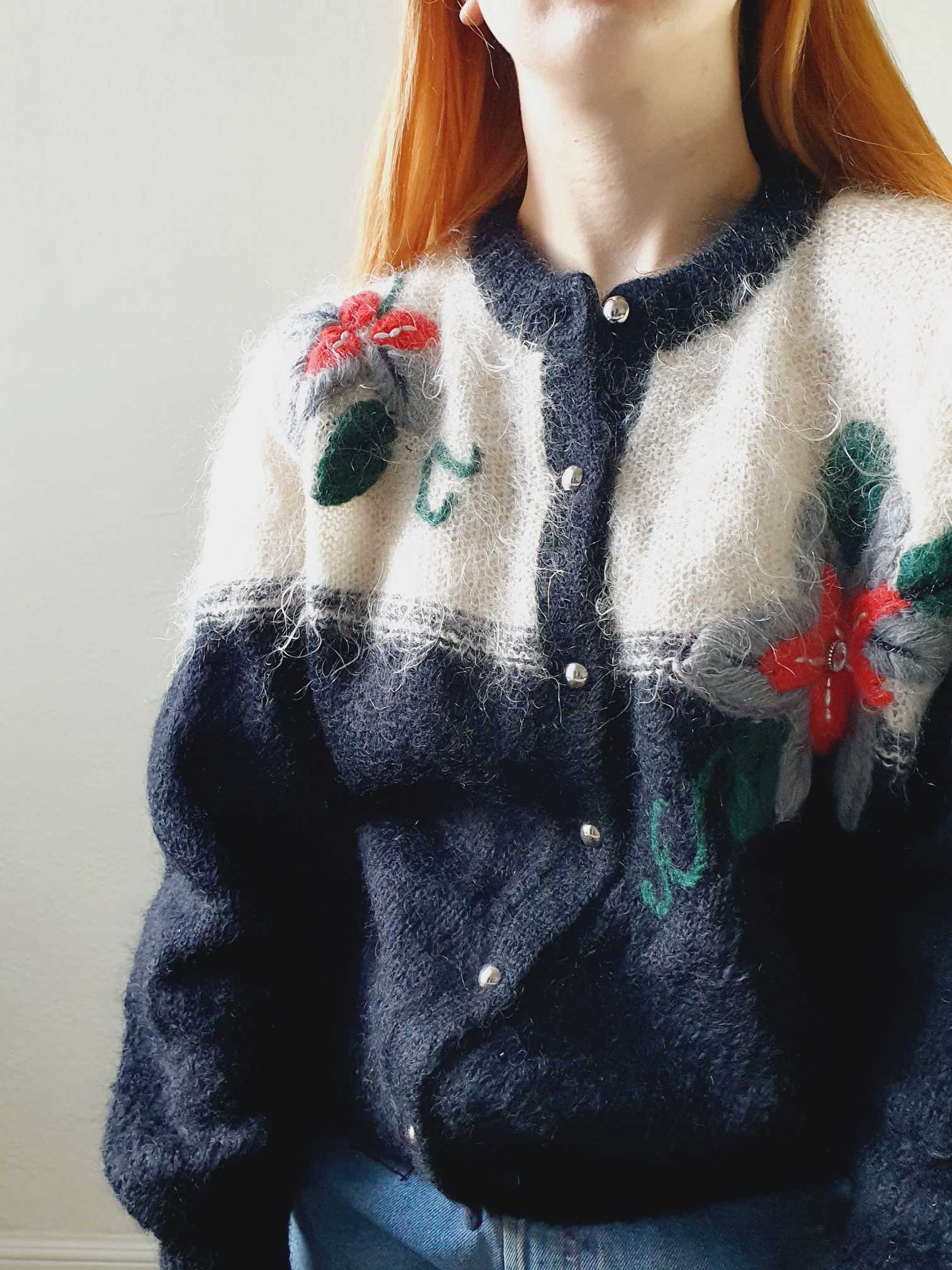 Vintage 80s Black & Cream Mohair Cardigan with Floral Detail - M - Image 7