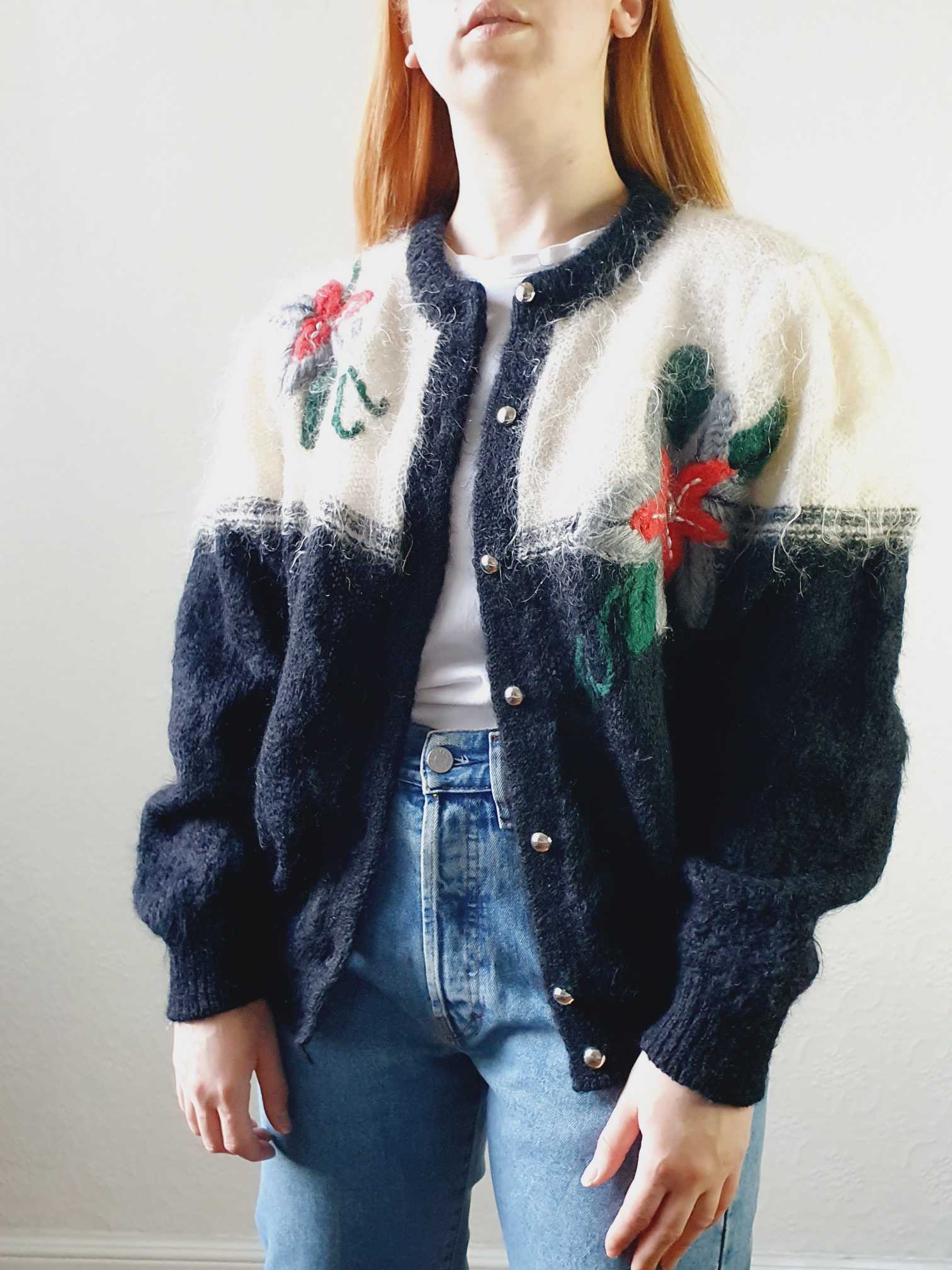 Vintage 80s Black & Cream Mohair Cardigan with Floral Detail - M - Image 8