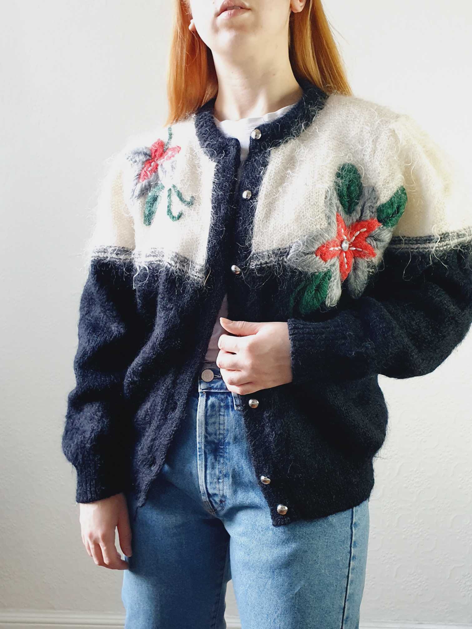 Vintage 80s Black & Cream Mohair Cardigan with Floral Detail - M - Image 9
