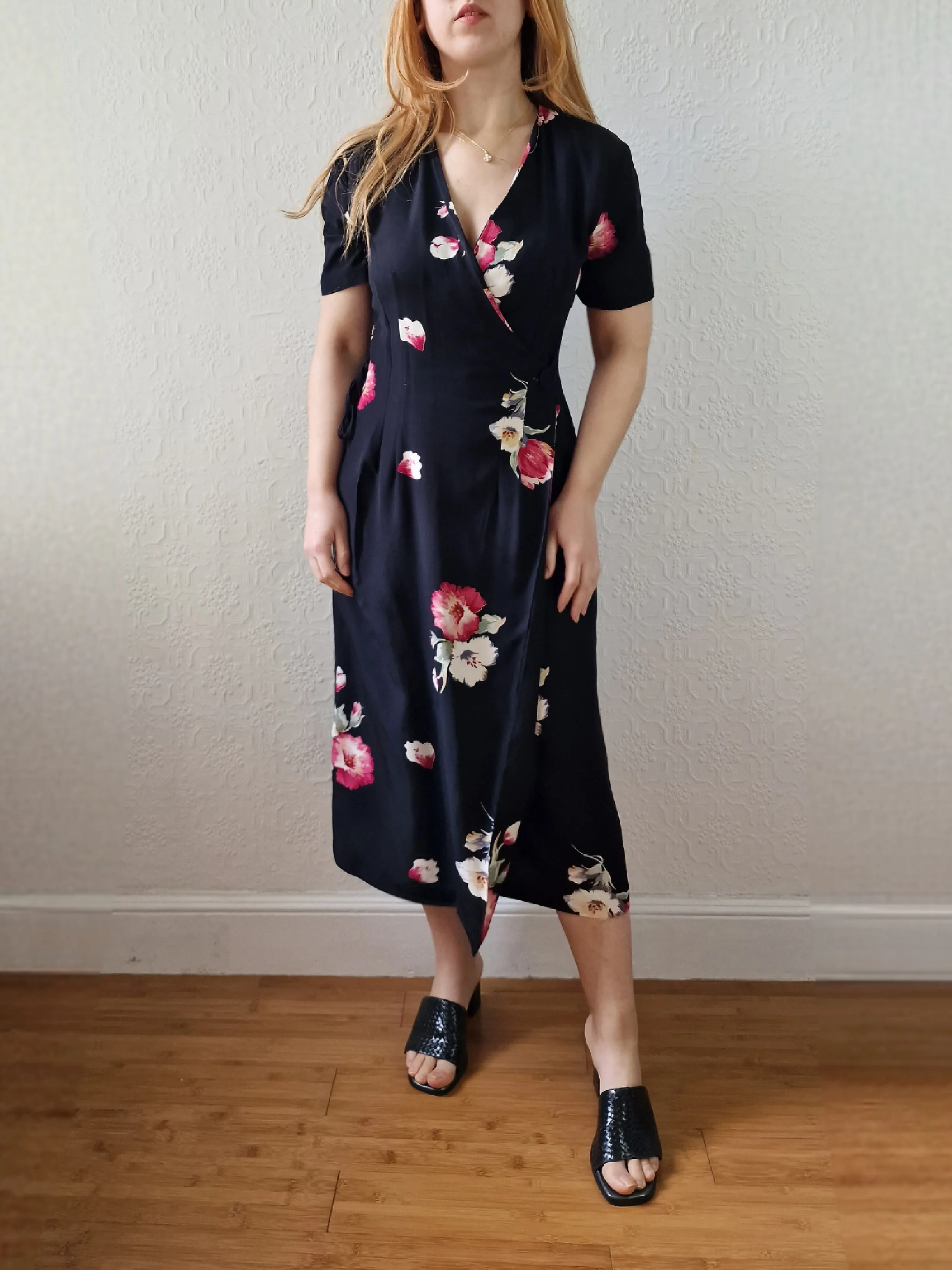 Vintage 80s Black Floral Short Sleeve Wrap Dress - S