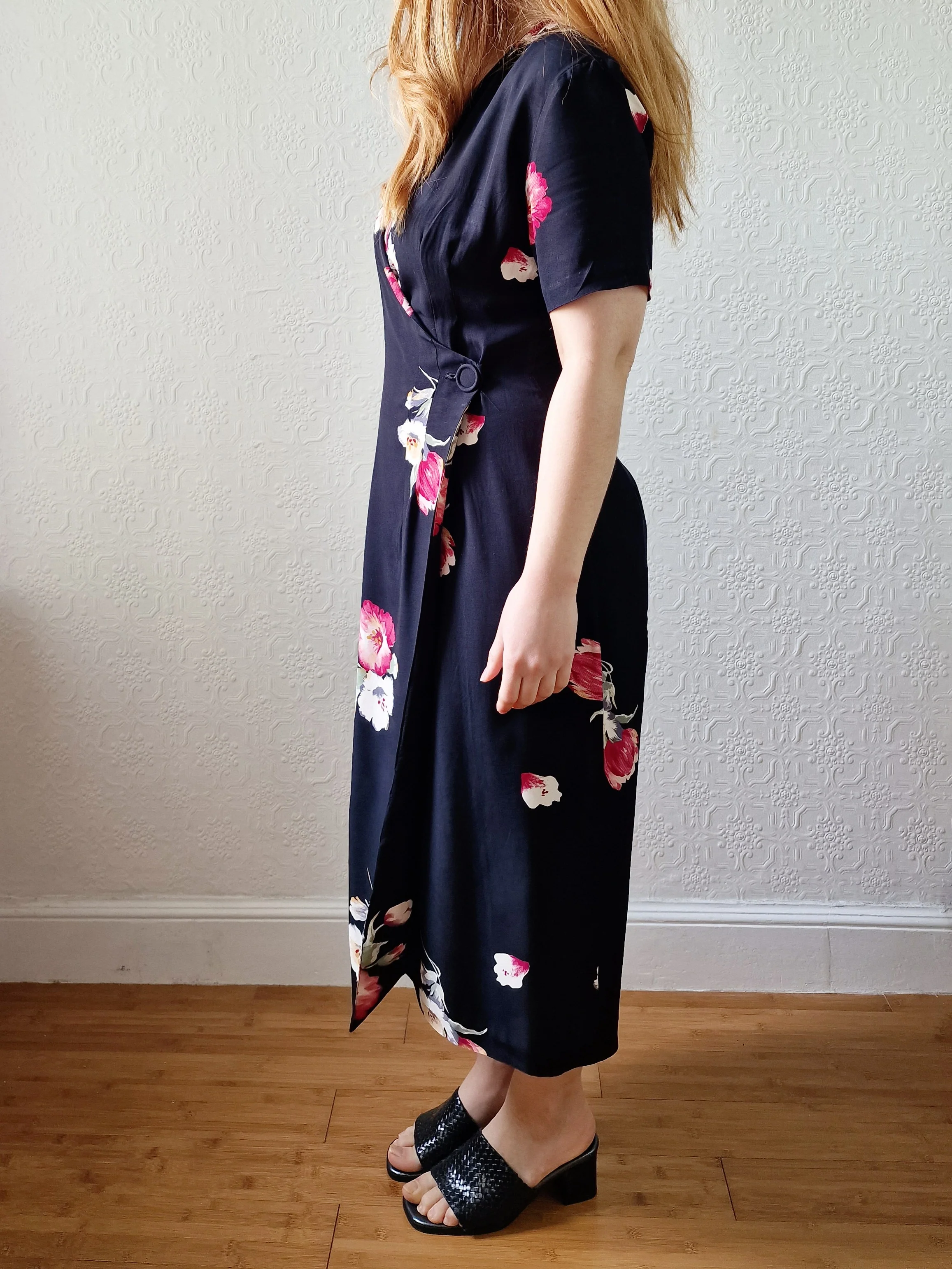 Vintage 80s Black Floral Short Sleeve Wrap Dress - S - Image 3