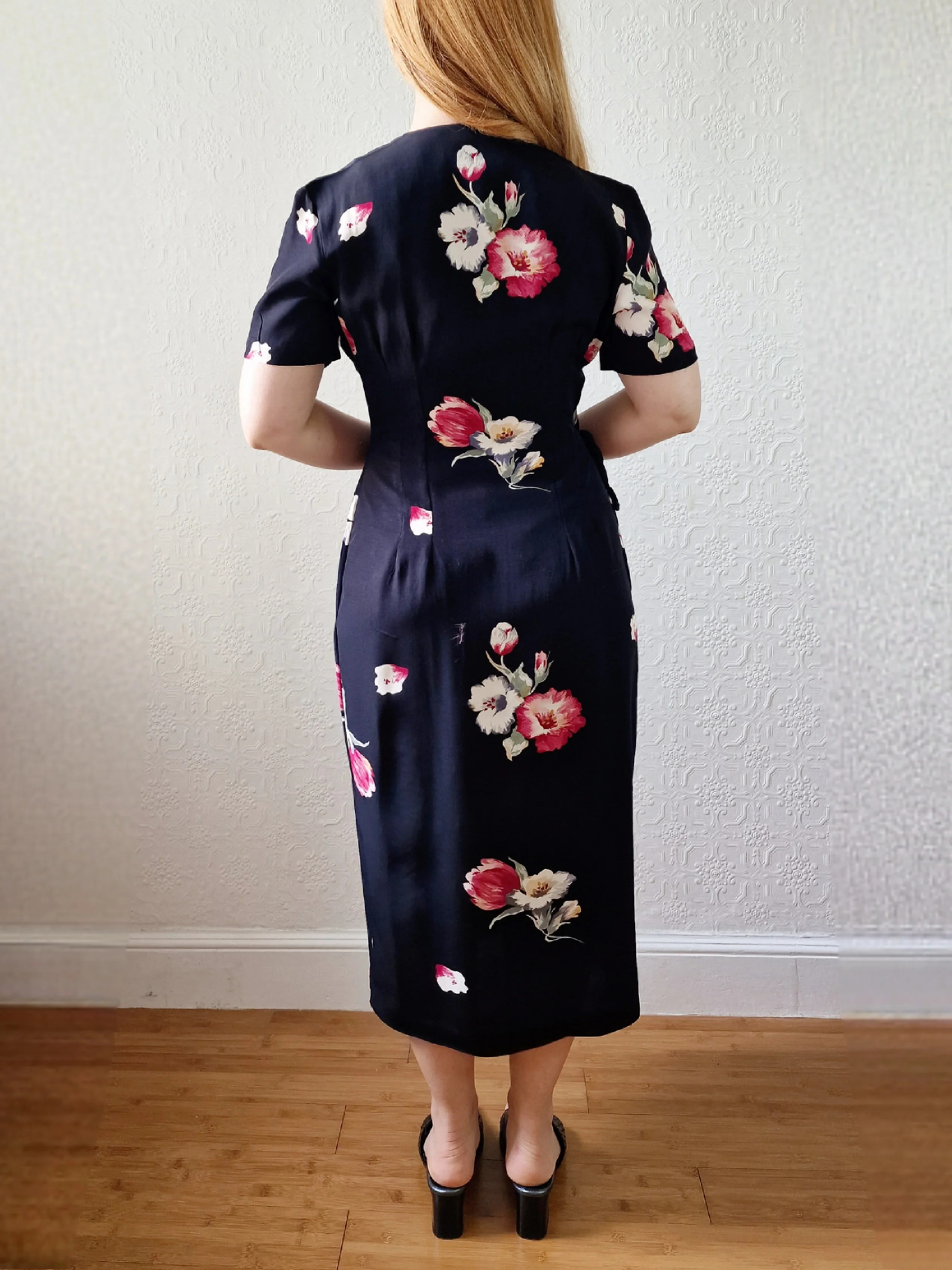 Vintage 80s Black Floral Short Sleeve Wrap Dress - S - Image 4