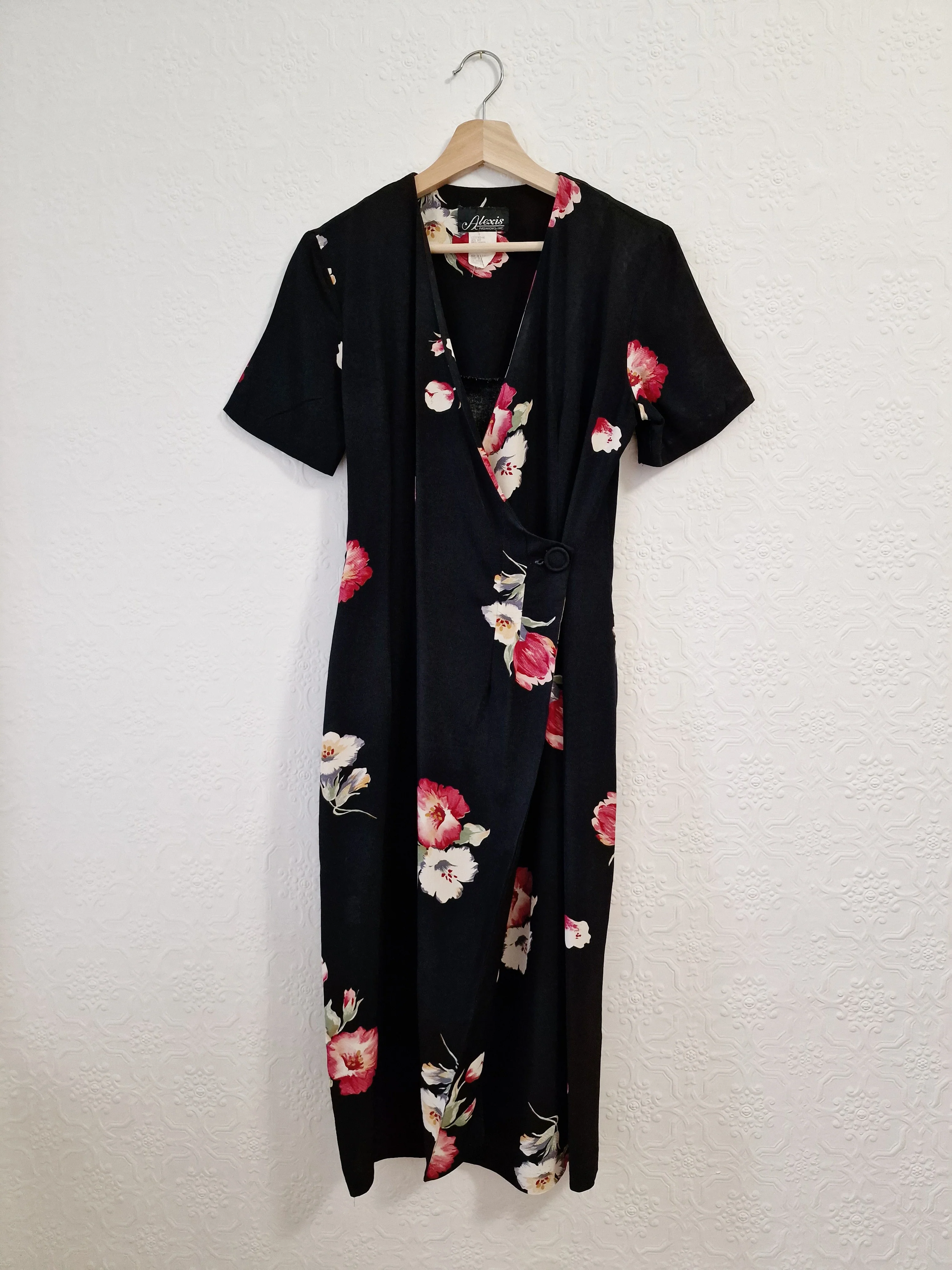 Vintage 80s Black Floral Short Sleeve Wrap Dress - S - Image 5