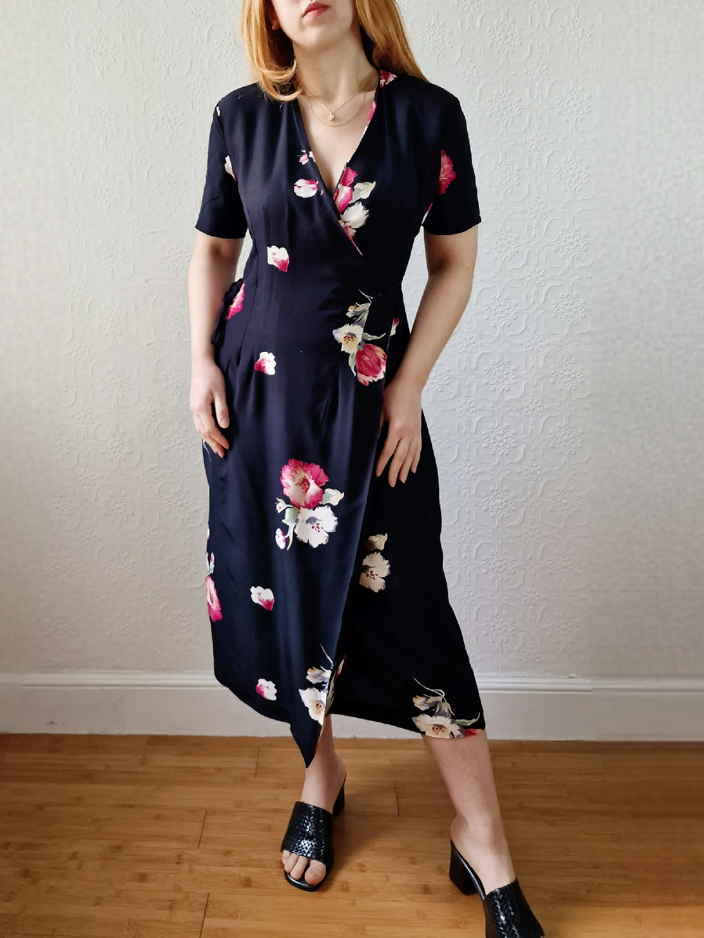 Vintage 80s Black Floral Short Sleeve Wrap Dress - S - Image 6