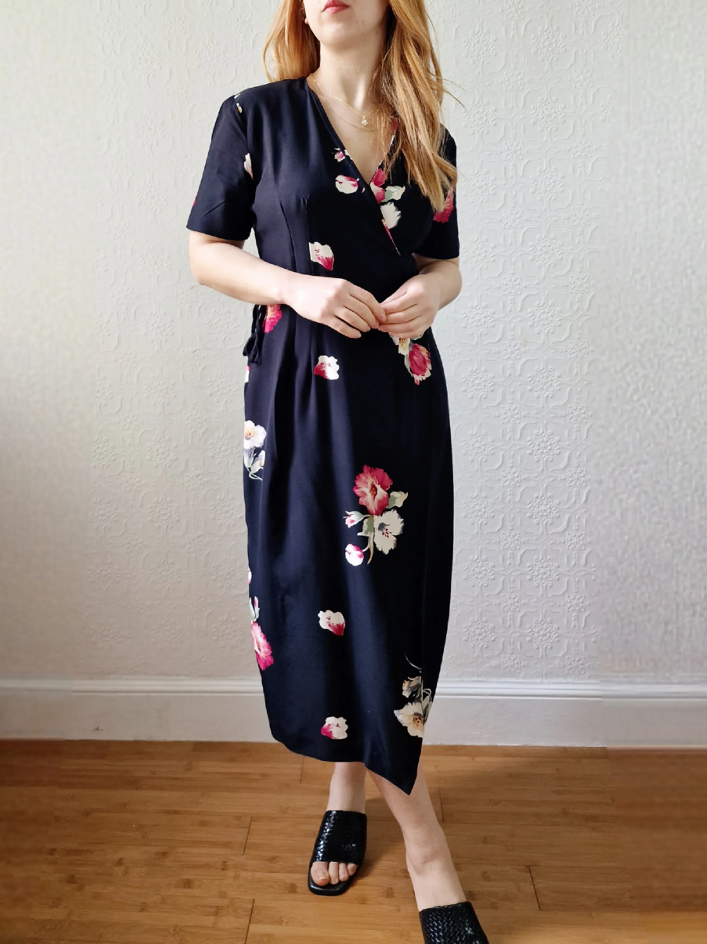 Vintage 80s Black Floral Short Sleeve Wrap Dress - S - Image 7
