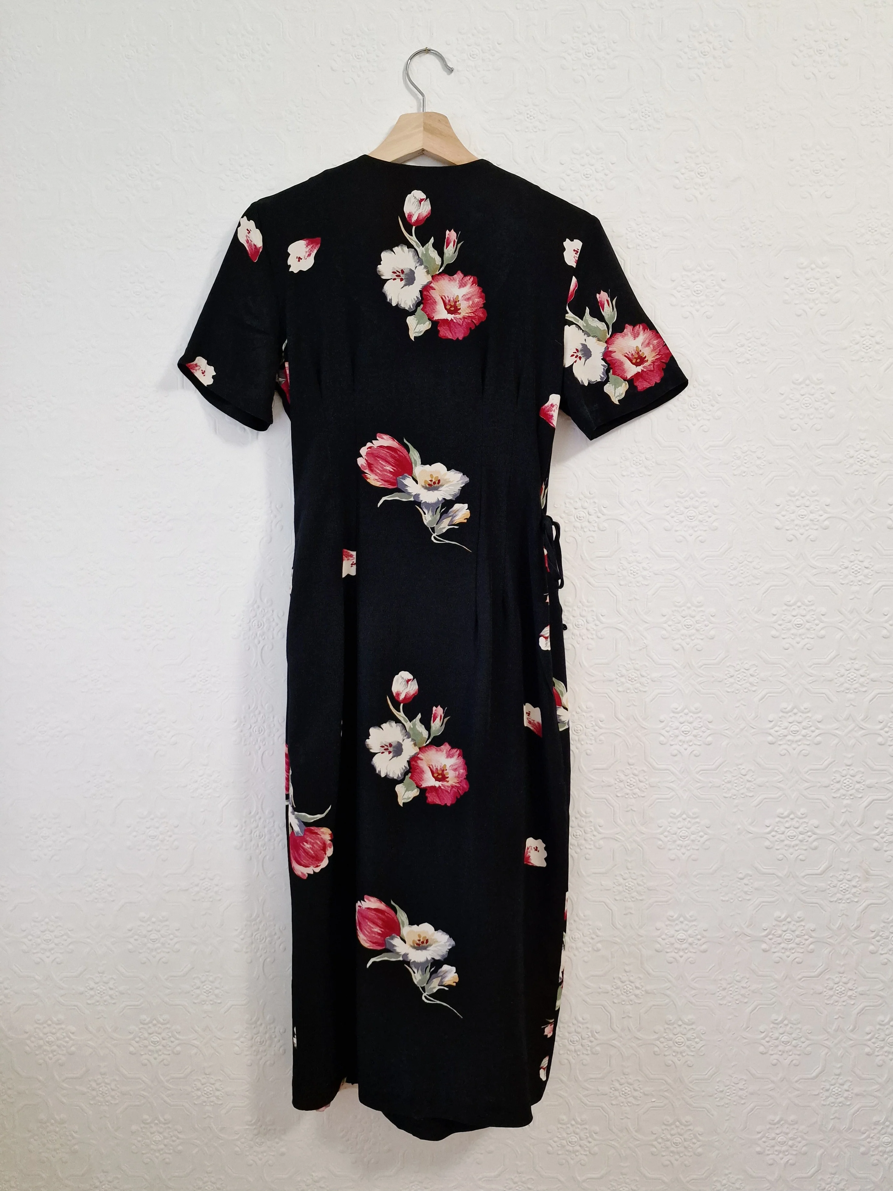 Vintage 80s Black Floral Short Sleeve Wrap Dress - S - Image 8