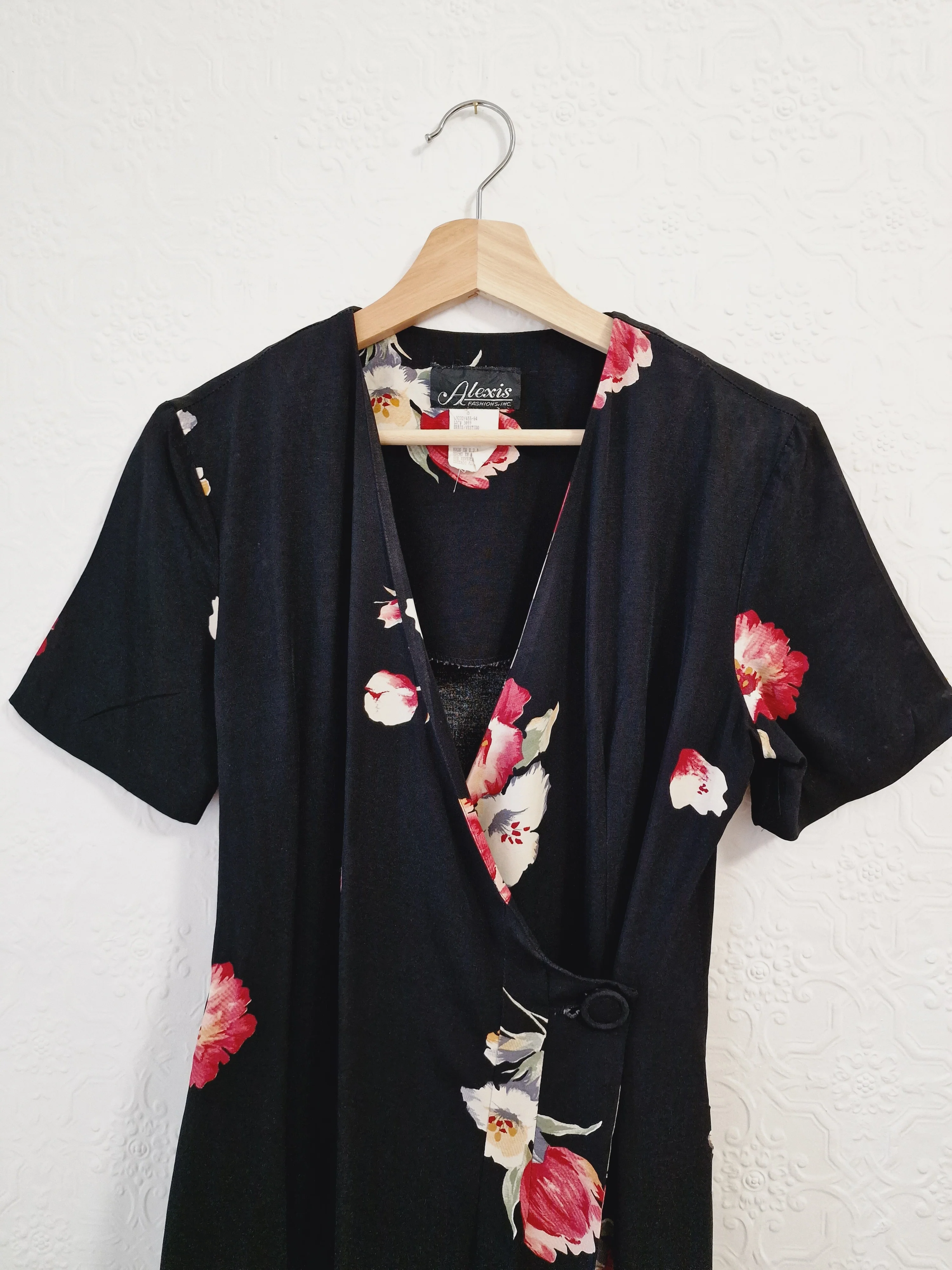 Vintage 80s Black Floral Short Sleeve Wrap Dress - S - Image 9