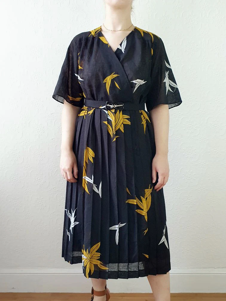 Vintage 80s Black Floral Wrap Style Dress with Pleated Skirt - S/M