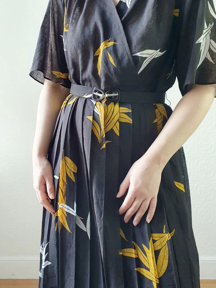 Vintage 80s Black Floral Wrap Style Dress with Pleated Skirt - S/M - Image 10