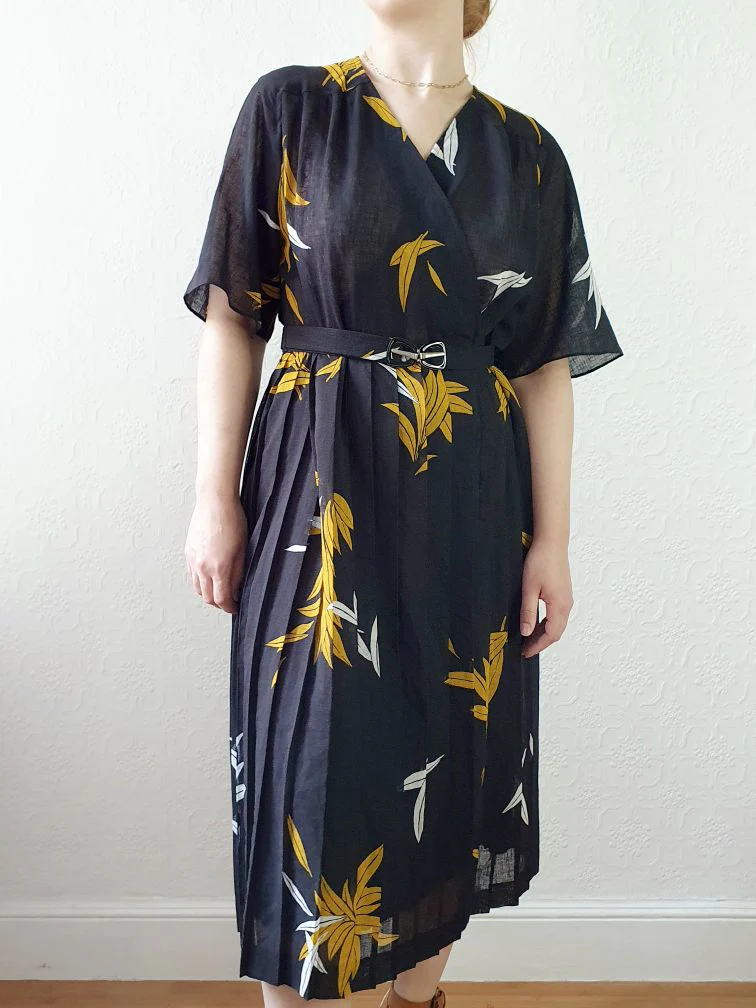 Vintage 80s Black Floral Wrap Style Dress with Pleated Skirt - S/M - Image 11