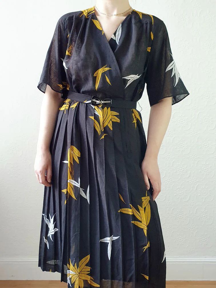Vintage 80s Black Floral Wrap Style Dress with Pleated Skirt - S/M - Image 12
