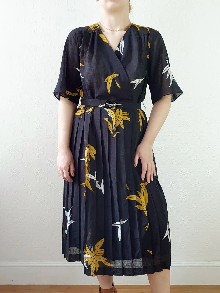 Vintage 80s Black Floral Wrap Style Dress with Pleated Skirt - S/M - Image 13