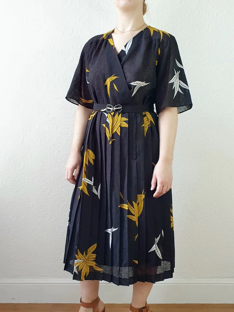 Vintage 80s Black Floral Wrap Style Dress with Pleated Skirt - S/M - Image 2