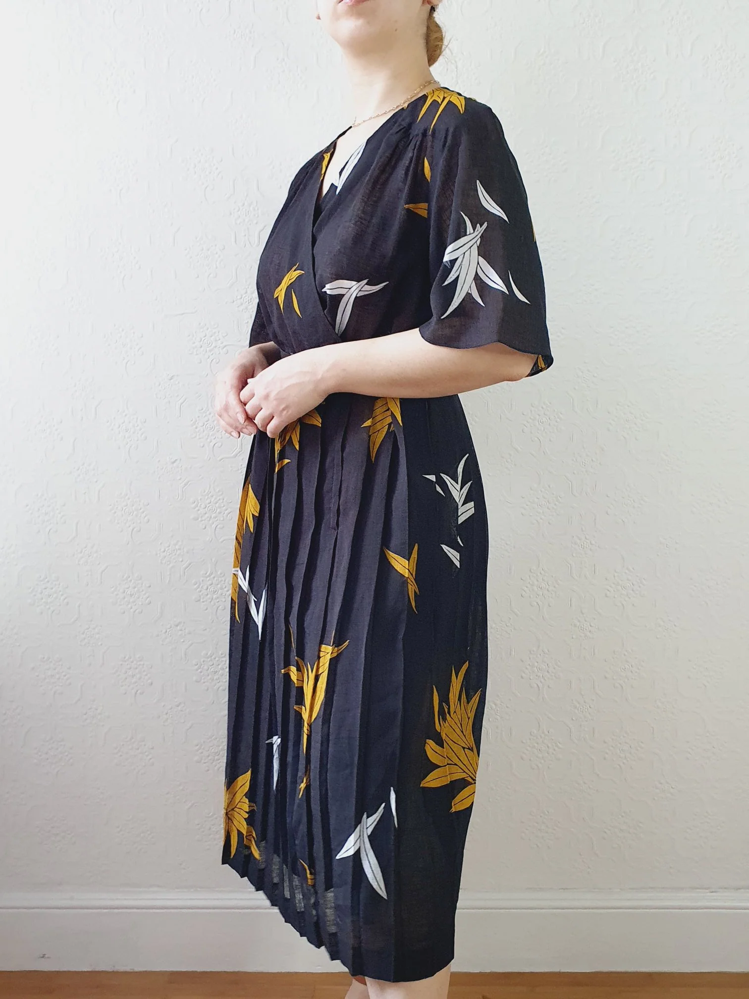 Vintage 80s Black Floral Wrap Style Dress with Pleated Skirt - S/M - Image 3