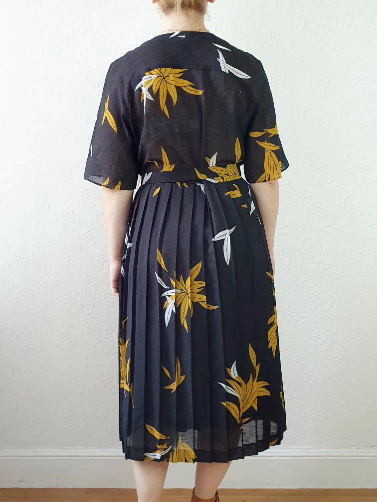 Vintage 80s Black Floral Wrap Style Dress with Pleated Skirt - S/M - Image 4
