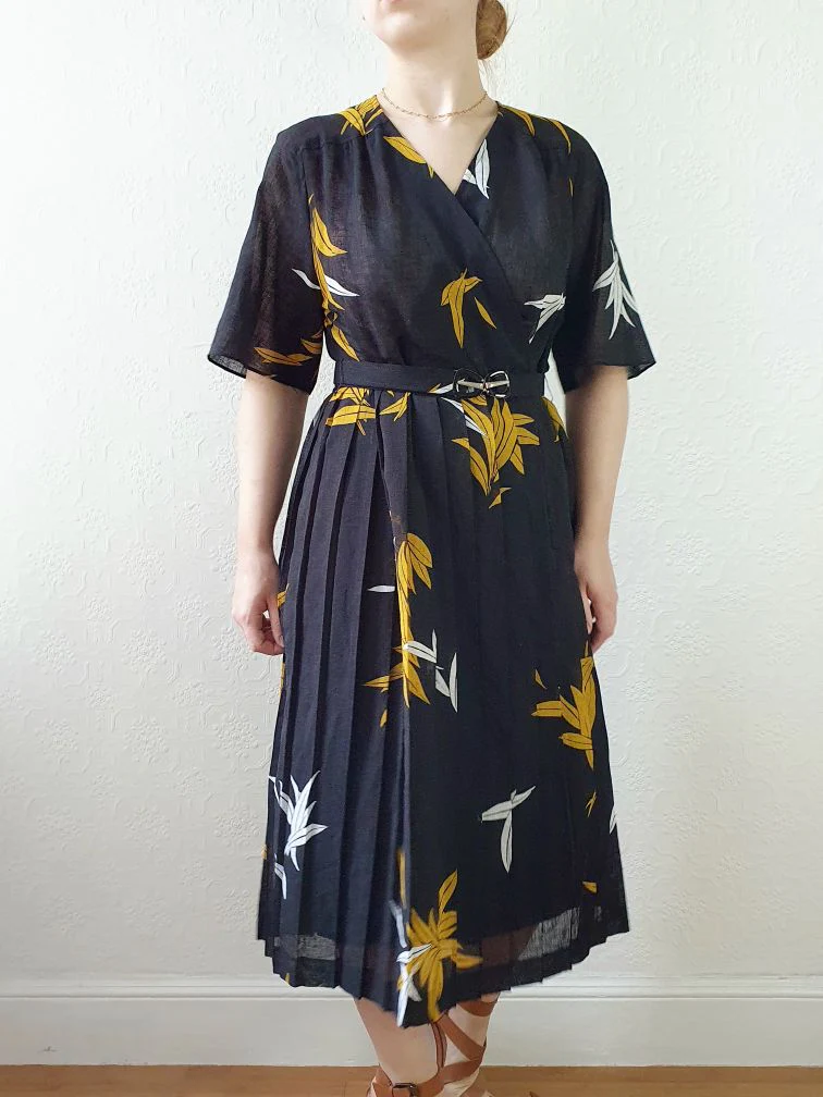 Vintage 80s Black Floral Wrap Style Dress with Pleated Skirt - S/M - Image 5