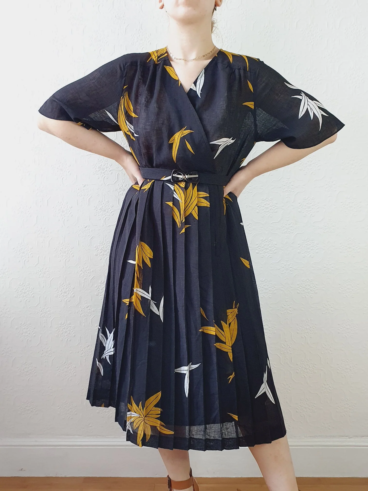 Vintage 80s Black Floral Wrap Style Dress with Pleated Skirt - S/M - Image 6