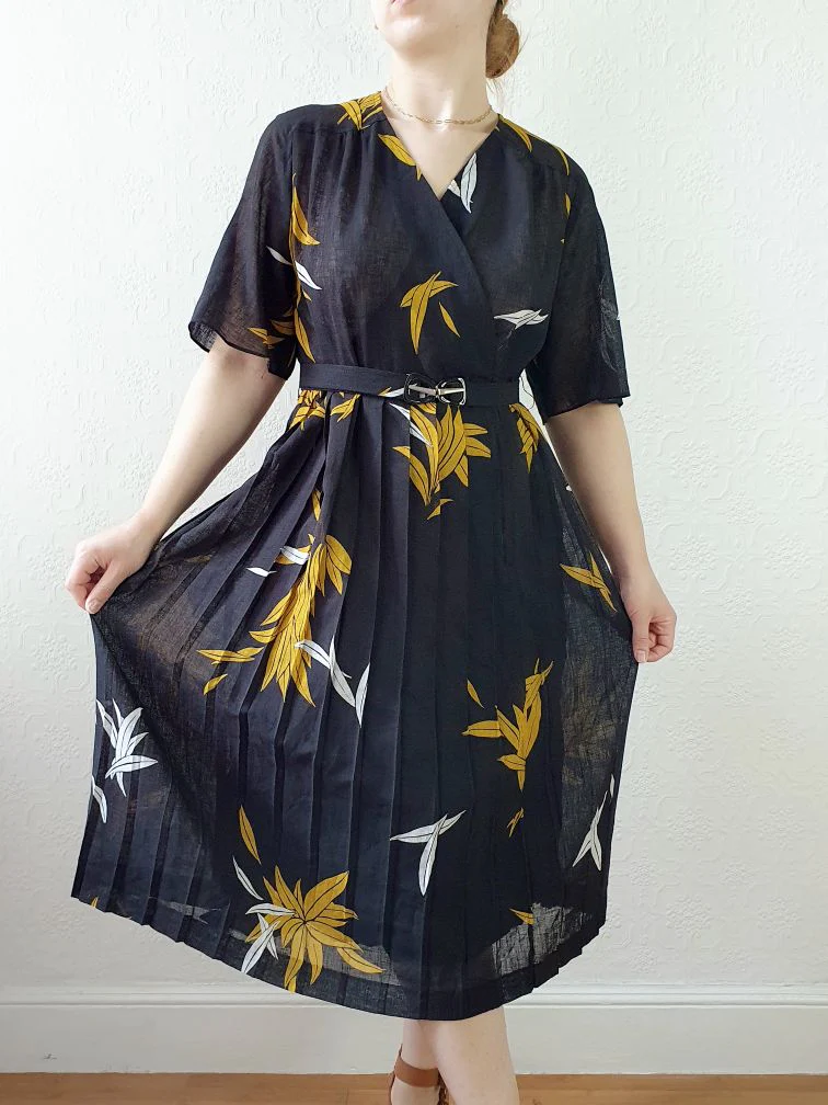 Vintage 80s Black Floral Wrap Style Dress with Pleated Skirt - S/M - Image 7