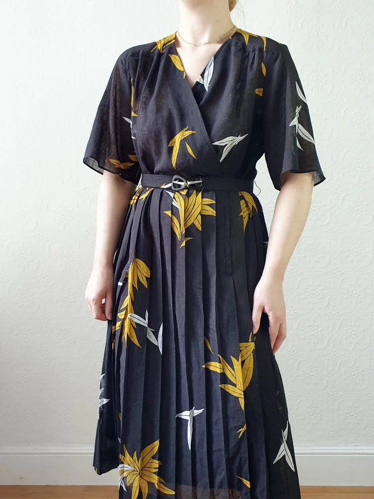 Vintage 80s Black Floral Wrap Style Dress with Pleated Skirt - S/M - Image 8