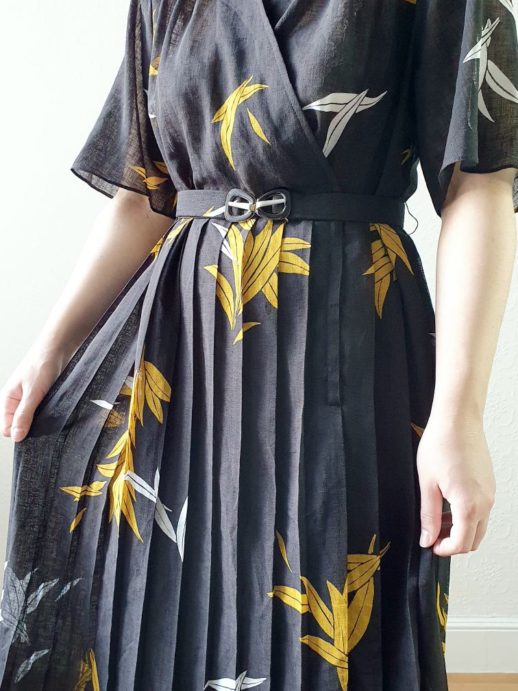 Vintage 80s Black Floral Wrap Style Dress with Pleated Skirt - S/M - Image 9