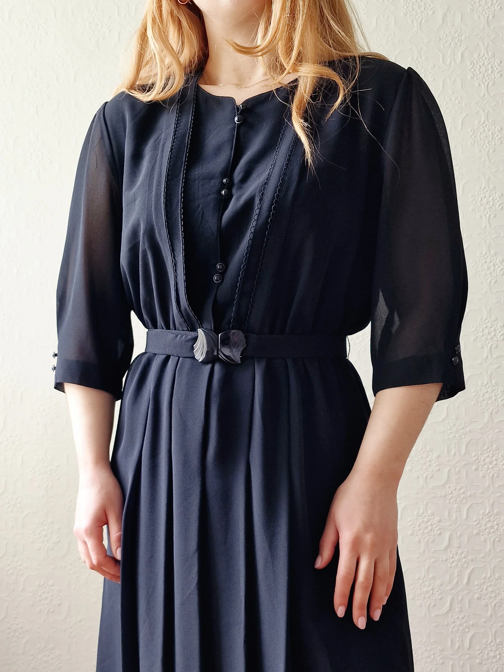 Vintage 80s Black Half Sleeve Midi Shirt Dress - S/M - Image 2