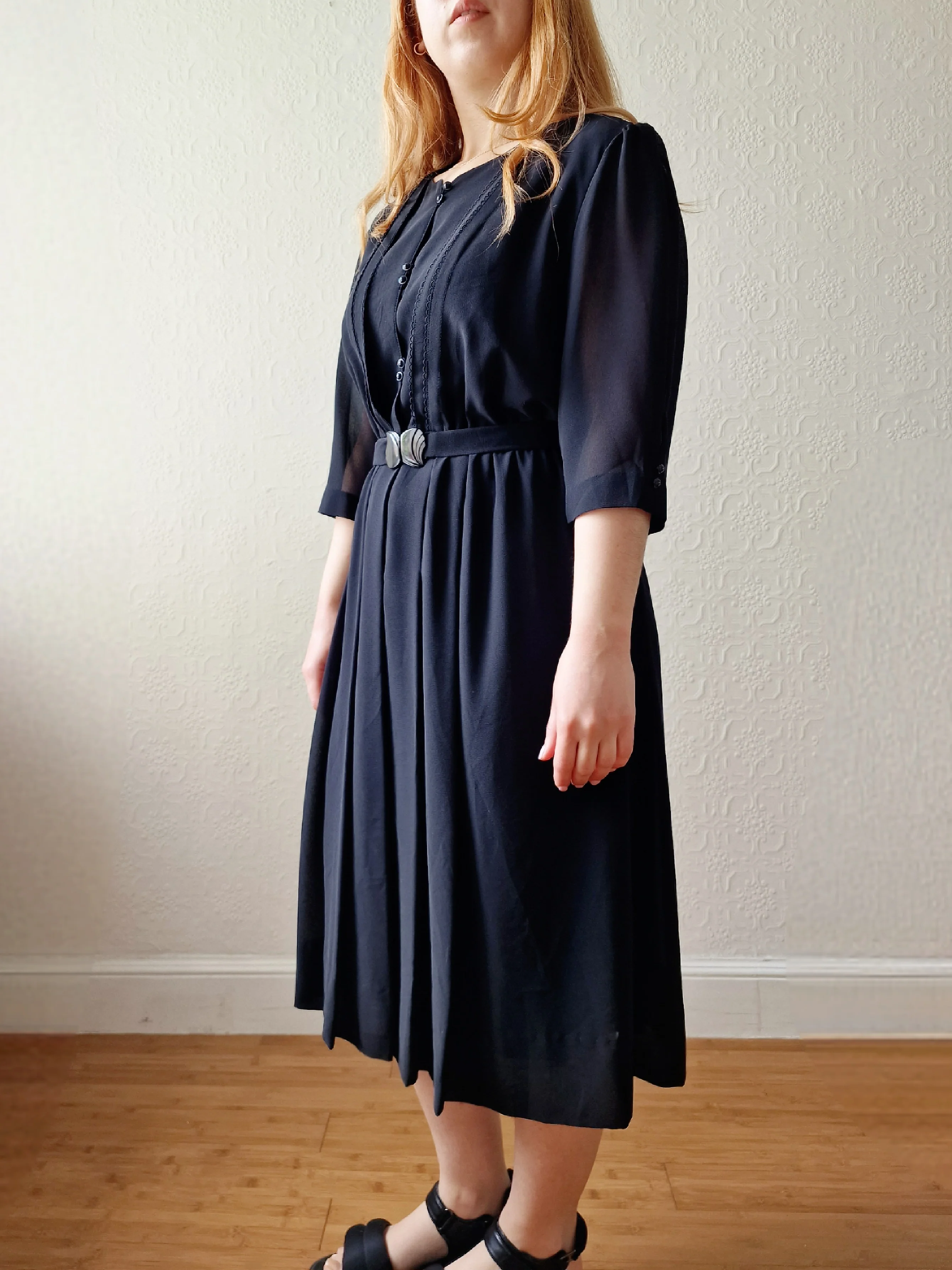 Vintage 80s Black Half Sleeve Midi Shirt Dress - S/M - Image 3