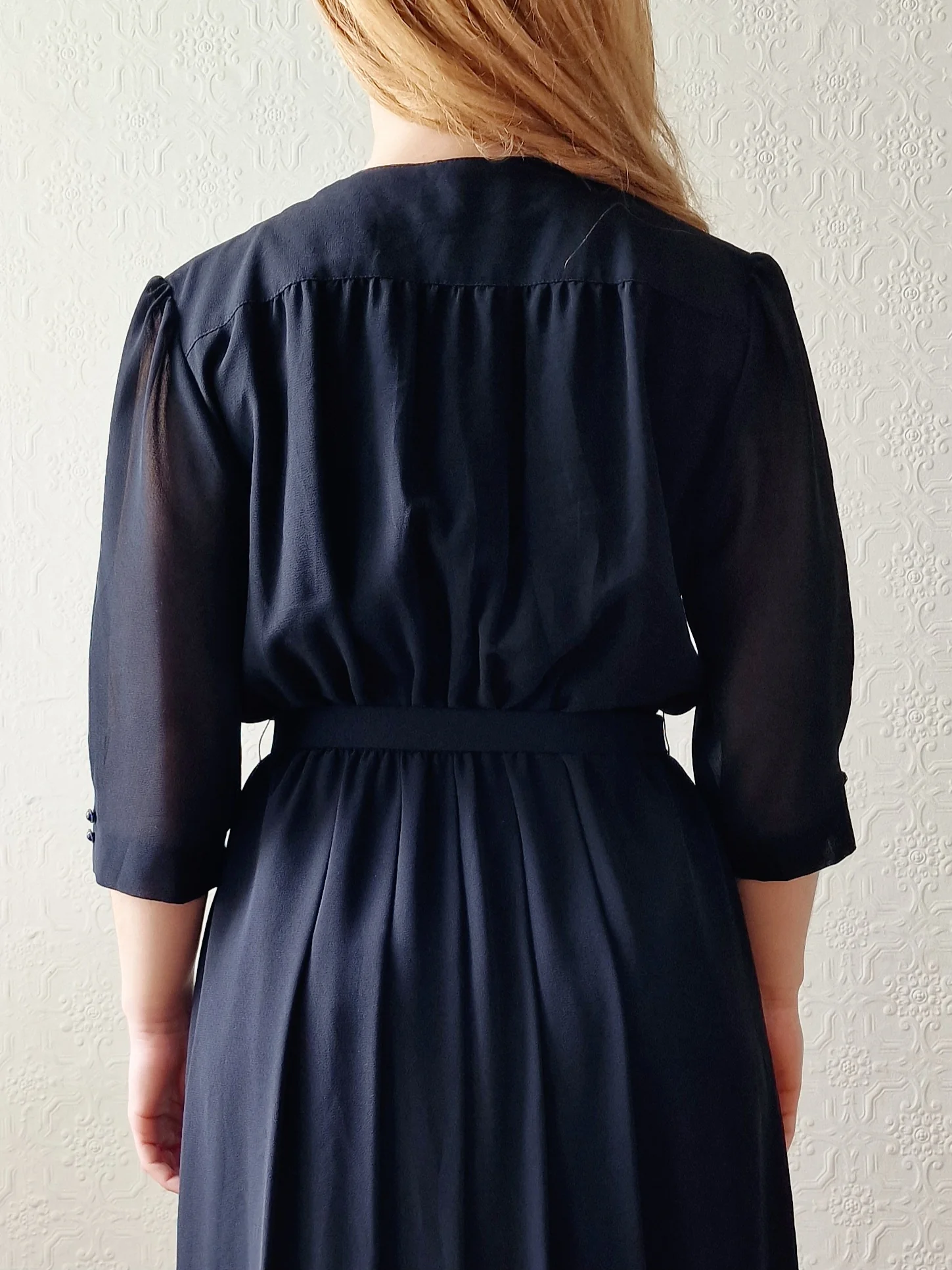 Vintage 80s Black Half Sleeve Midi Shirt Dress - S/M - Image 4