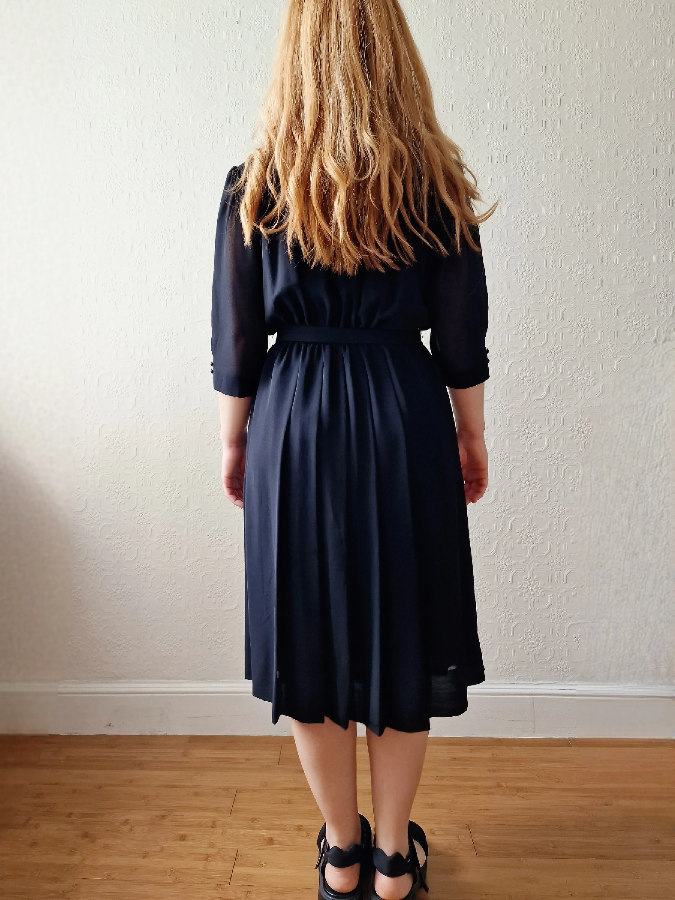 Vintage 80s Black Half Sleeve Midi Shirt Dress - S/M - Image 5