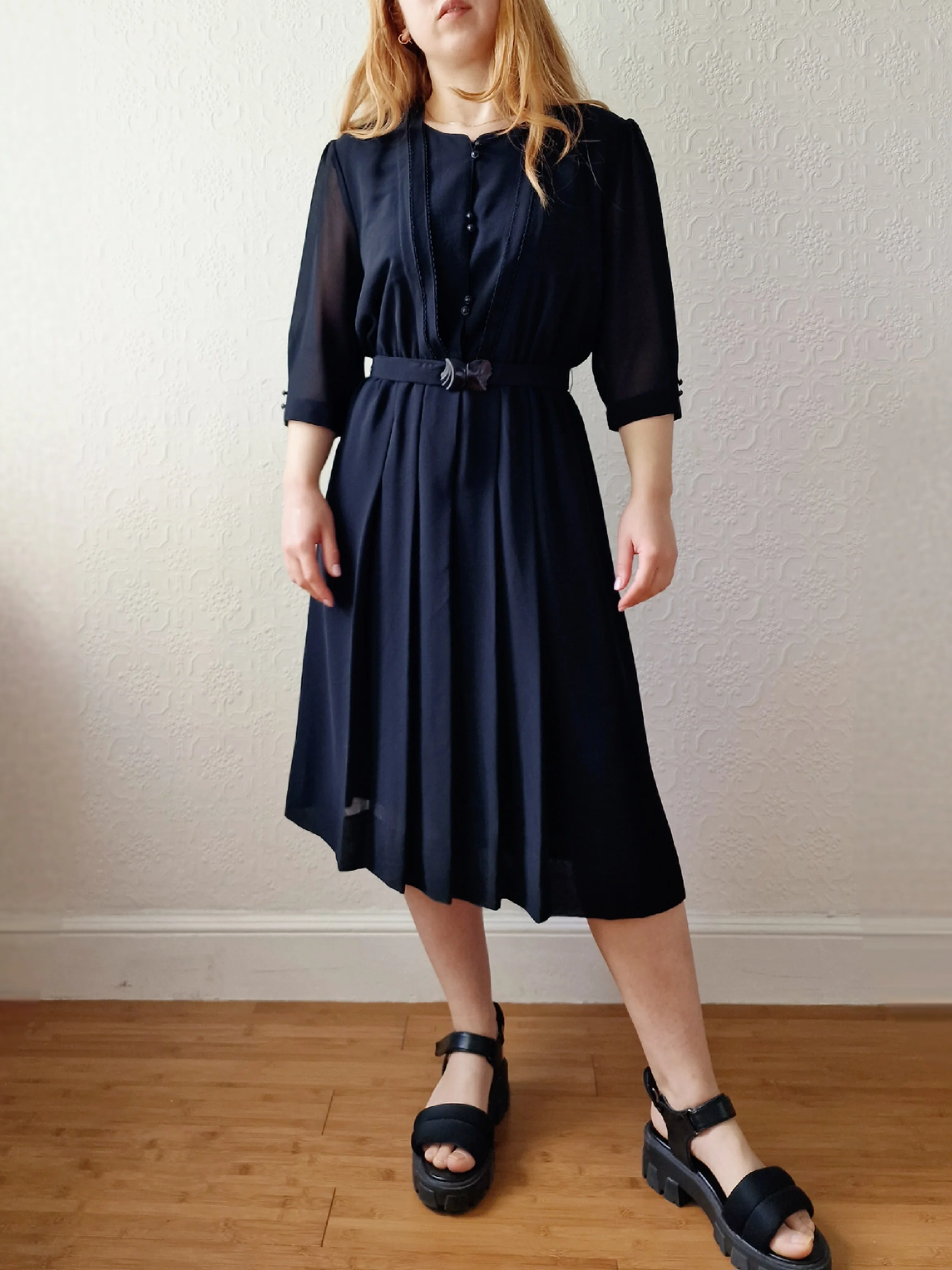 Vintage 80s Black Half Sleeve Midi Shirt Dress - S/M - Image 6