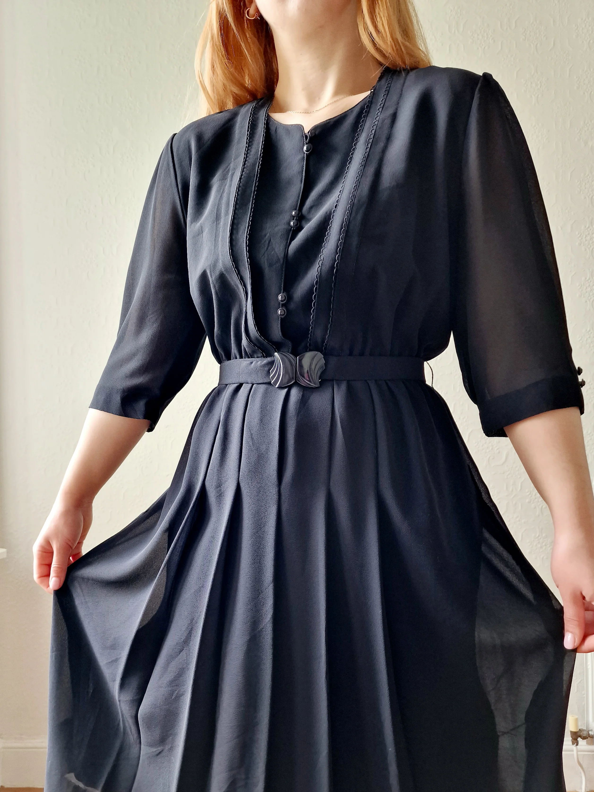 Vintage 80s Black Half Sleeve Midi Shirt Dress - S/M - Image 7
