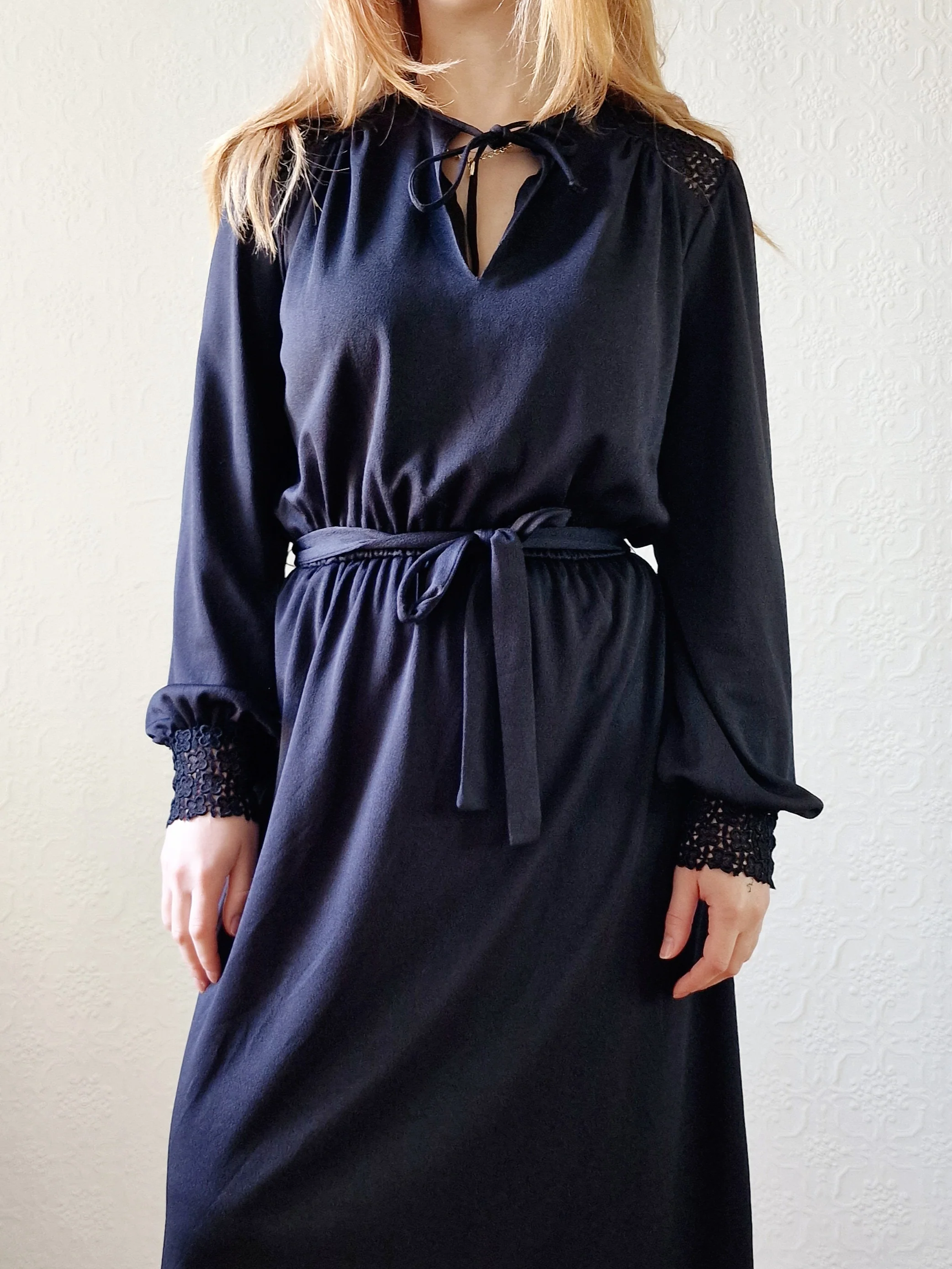 Vintage 80s Black Long Sleeve Lacy Shirt Dress - S - Image 2