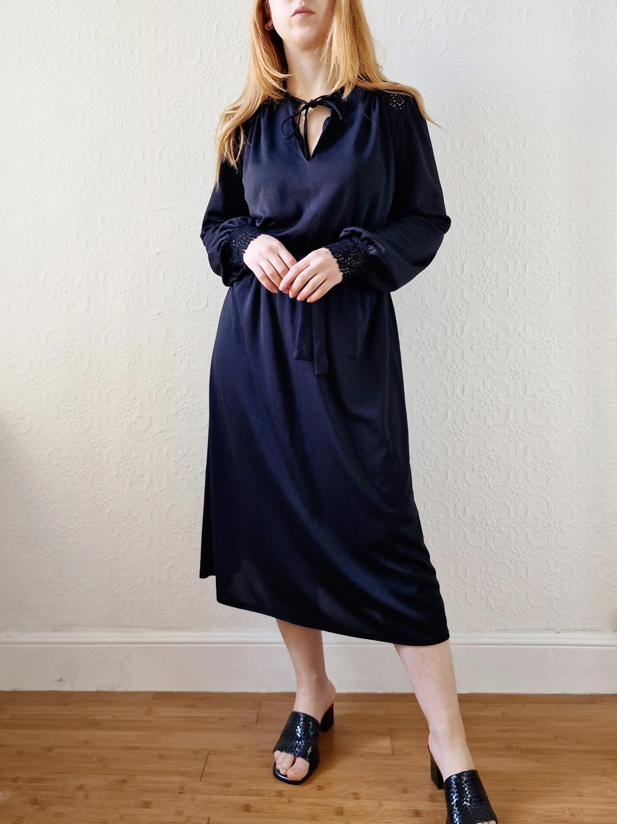 Vintage 80s Black Long Sleeve Lacy Shirt Dress - S - Image 3