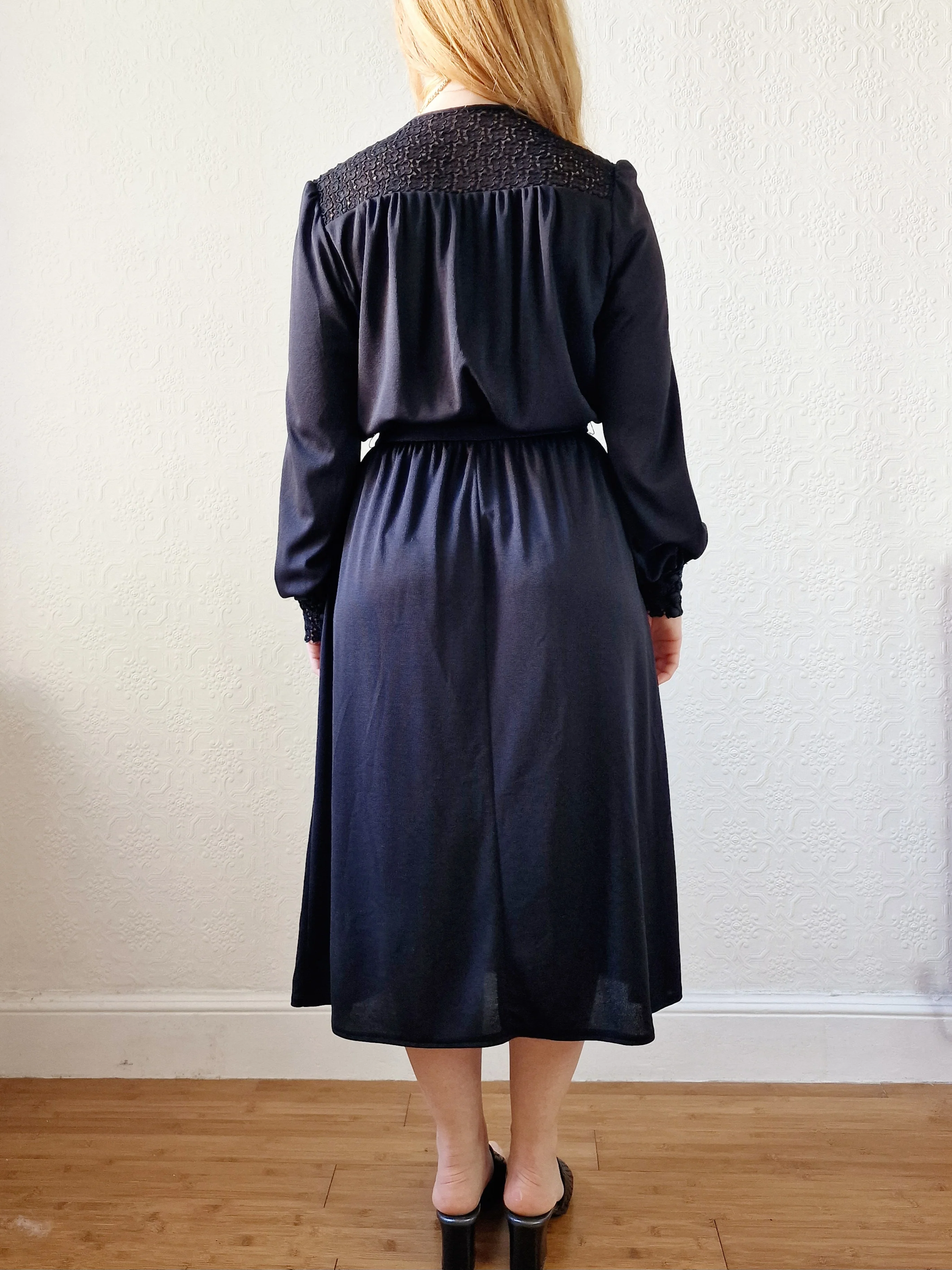 Vintage 80s Black Long Sleeve Lacy Shirt Dress - S - Image 4
