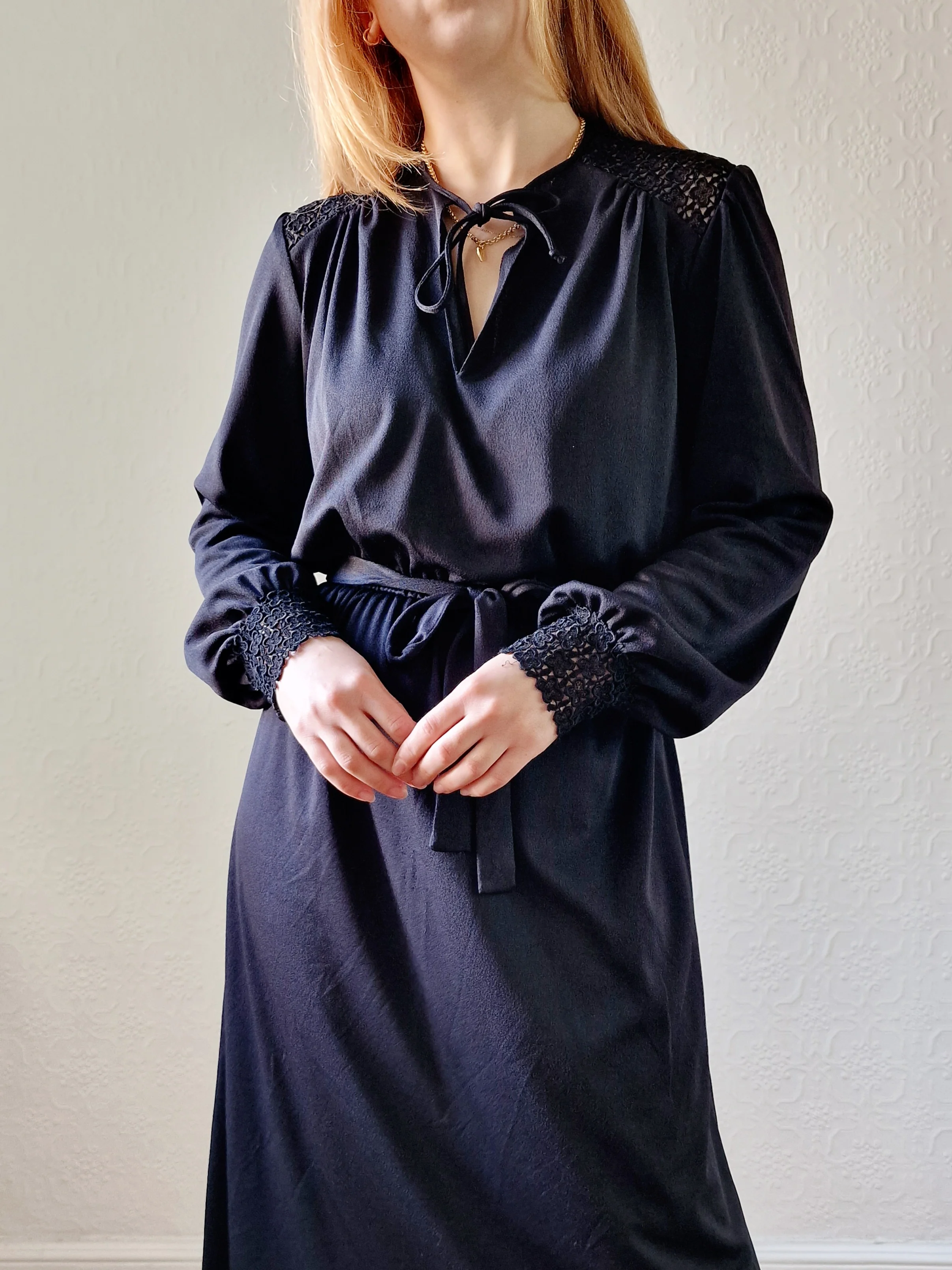 Vintage 80s Black Long Sleeve Lacy Shirt Dress - S - Image 5