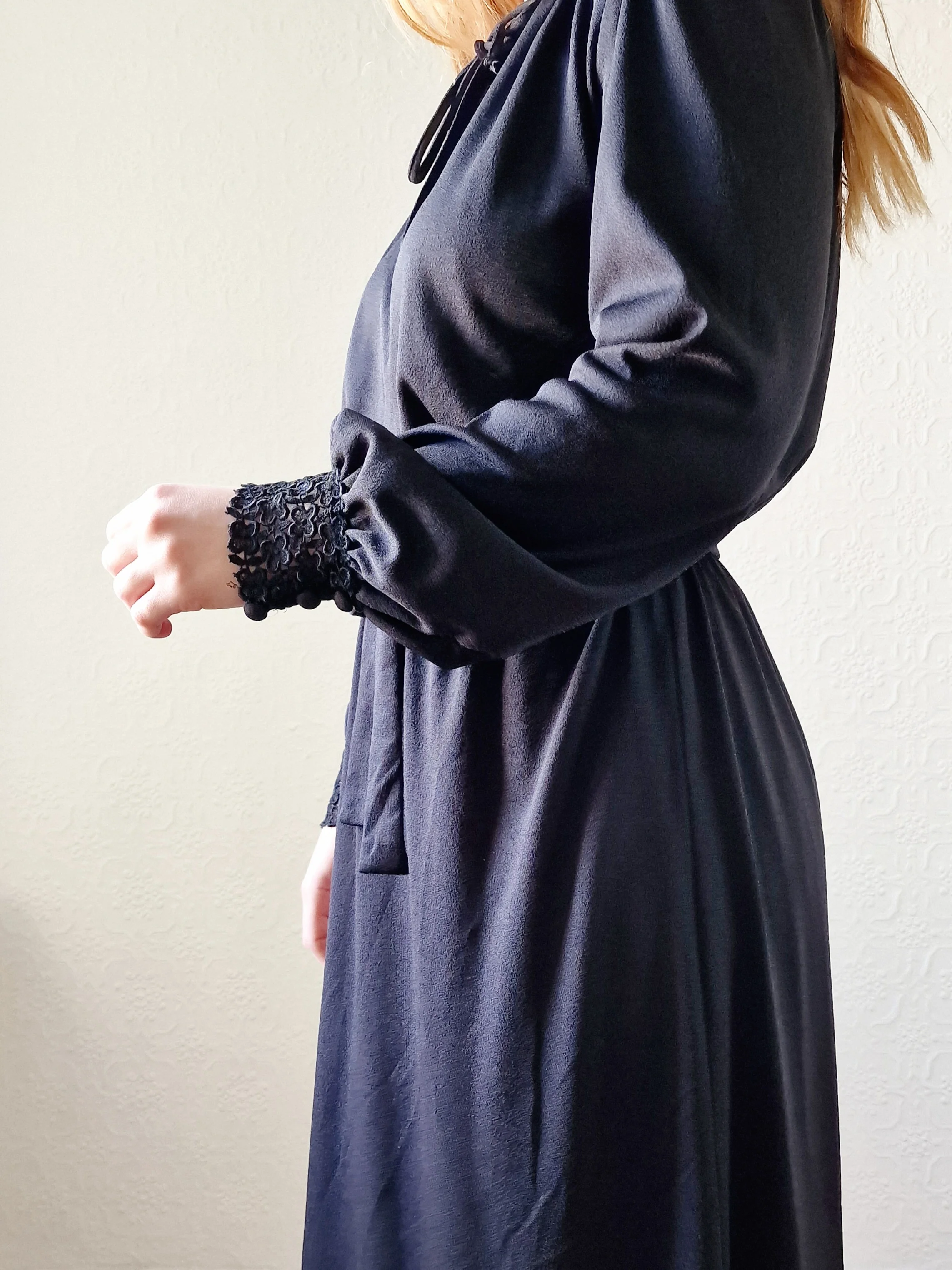 Vintage 80s Black Long Sleeve Lacy Shirt Dress - S - Image 6