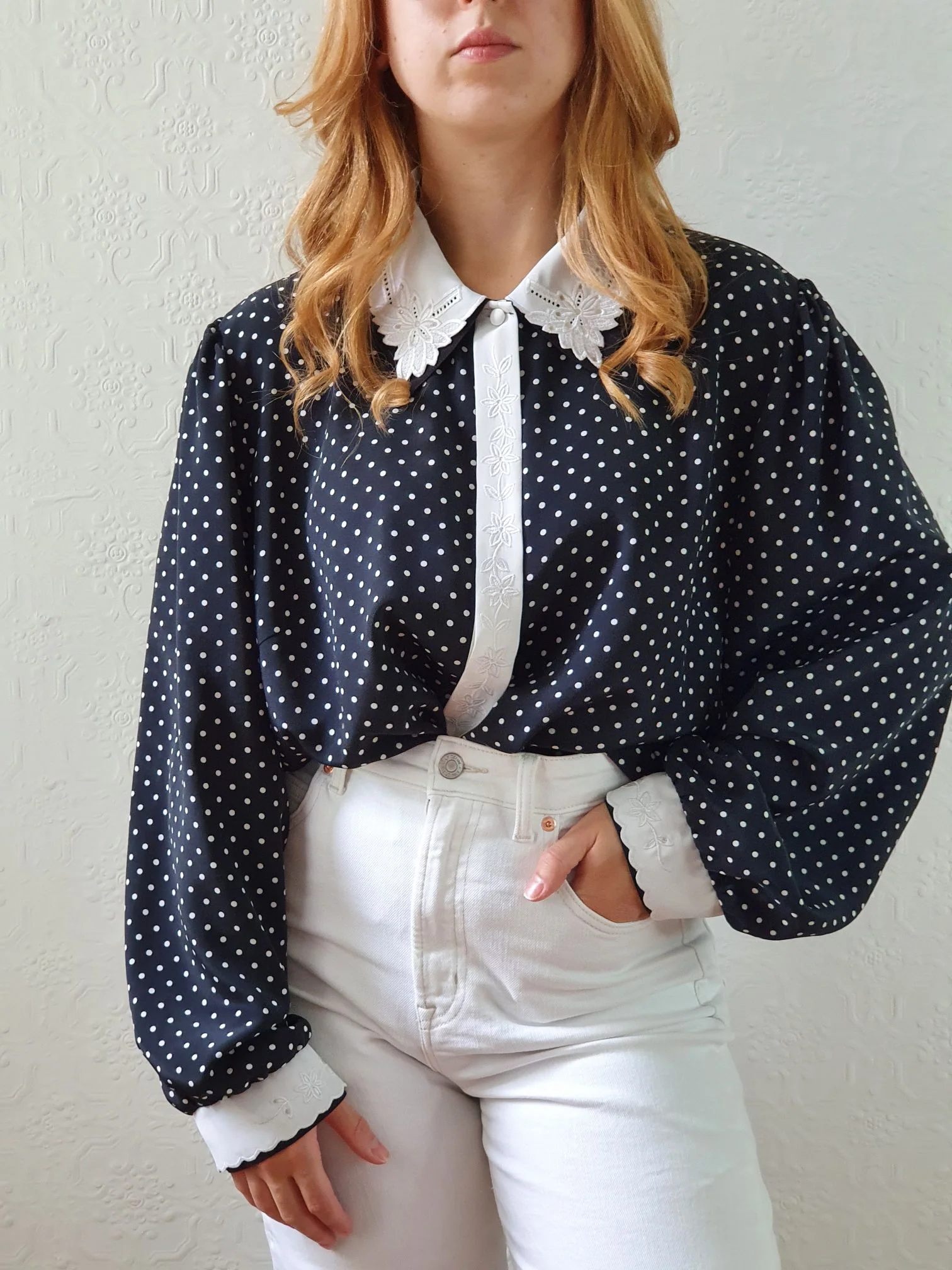 Vintage 80s Black Polka Dot Long Sleeve Blouse - XL/XXL