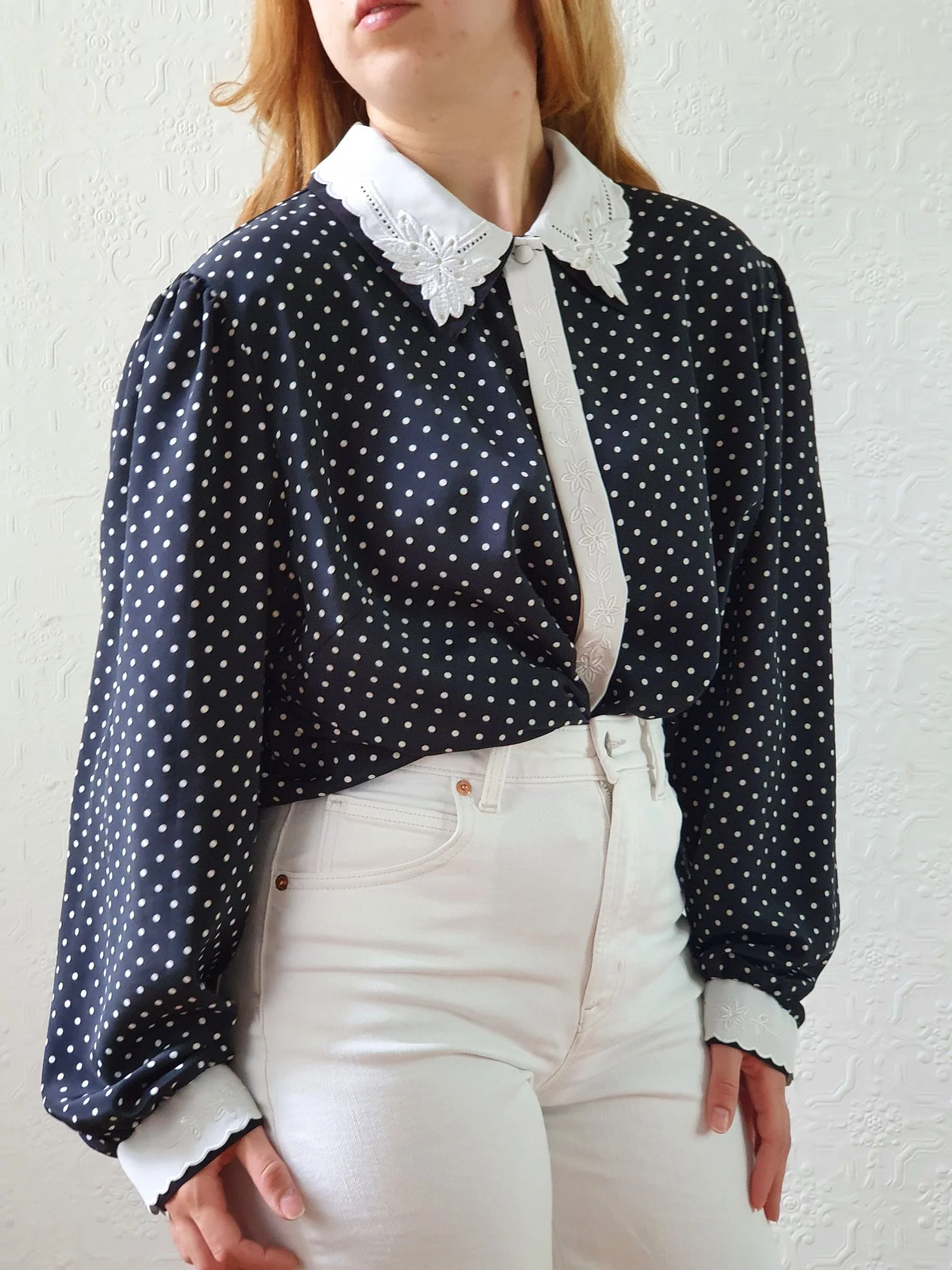 Vintage 80s Black Polka Dot Long Sleeve Blouse - XL/XXL - Image 2