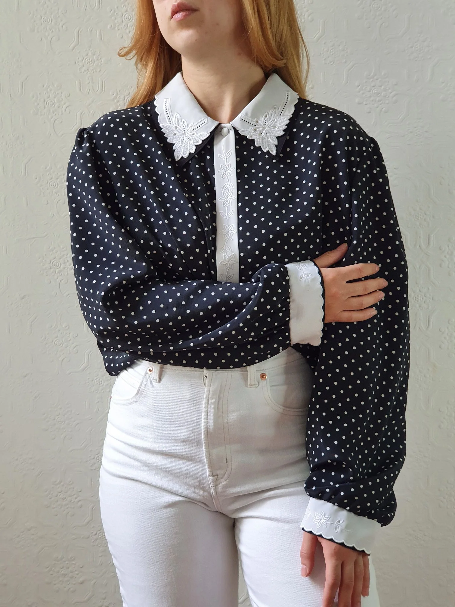 Vintage 80s Black Polka Dot Long Sleeve Blouse - XL/XXL - Image 3