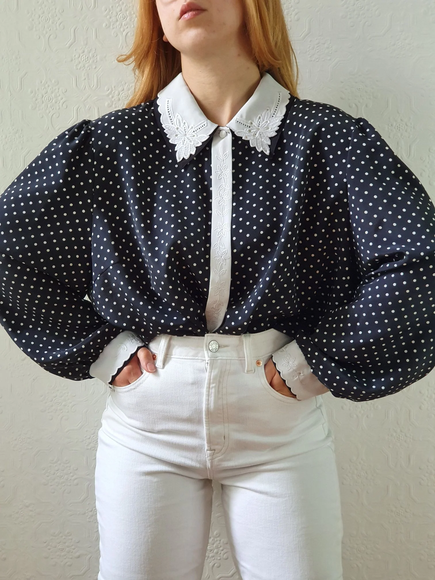 Vintage 80s Black Polka Dot Long Sleeve Blouse - XL/XXL - Image 5