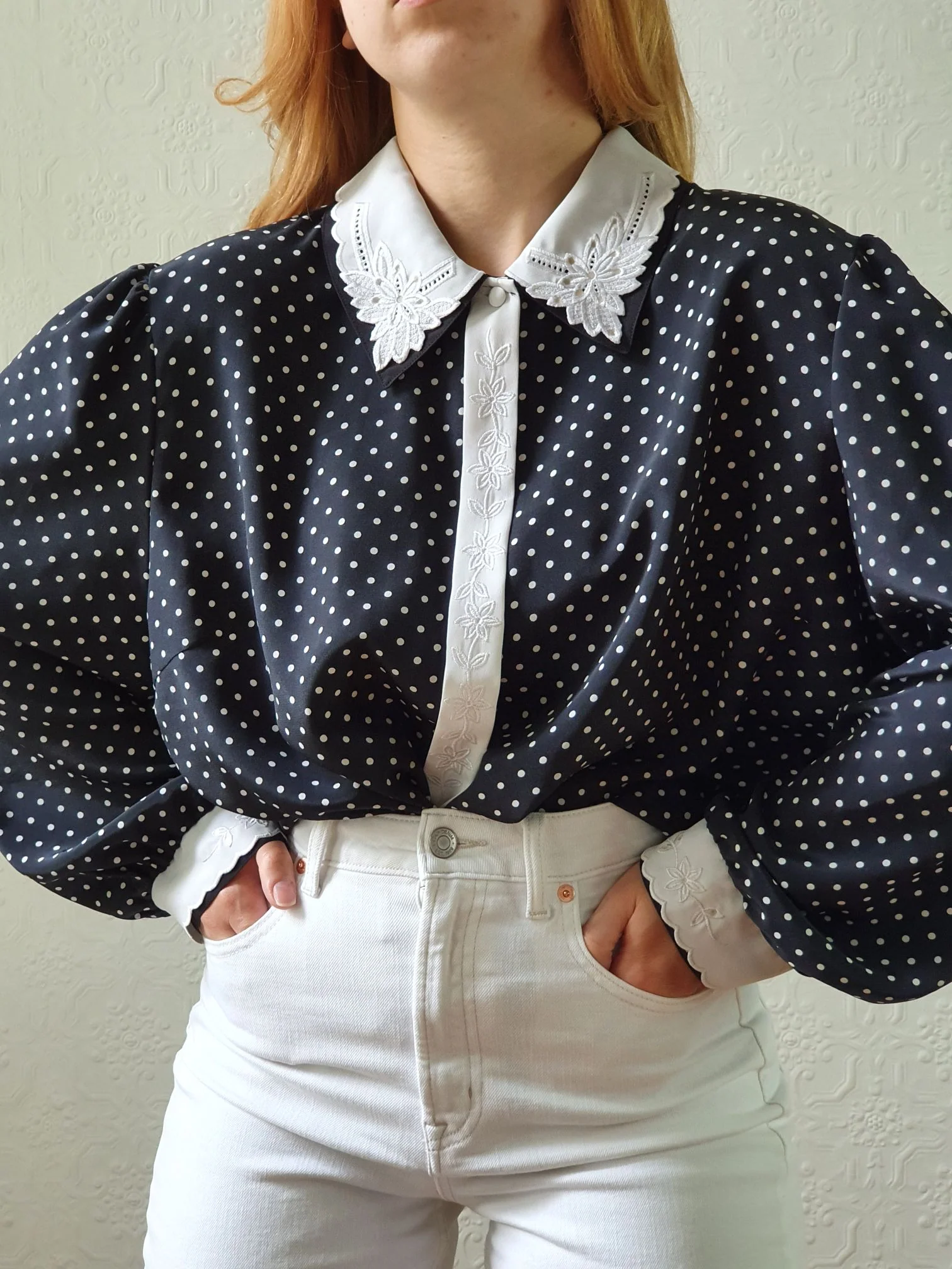 Vintage 80s Black Polka Dot Long Sleeve Blouse - XL/XXL - Image 6