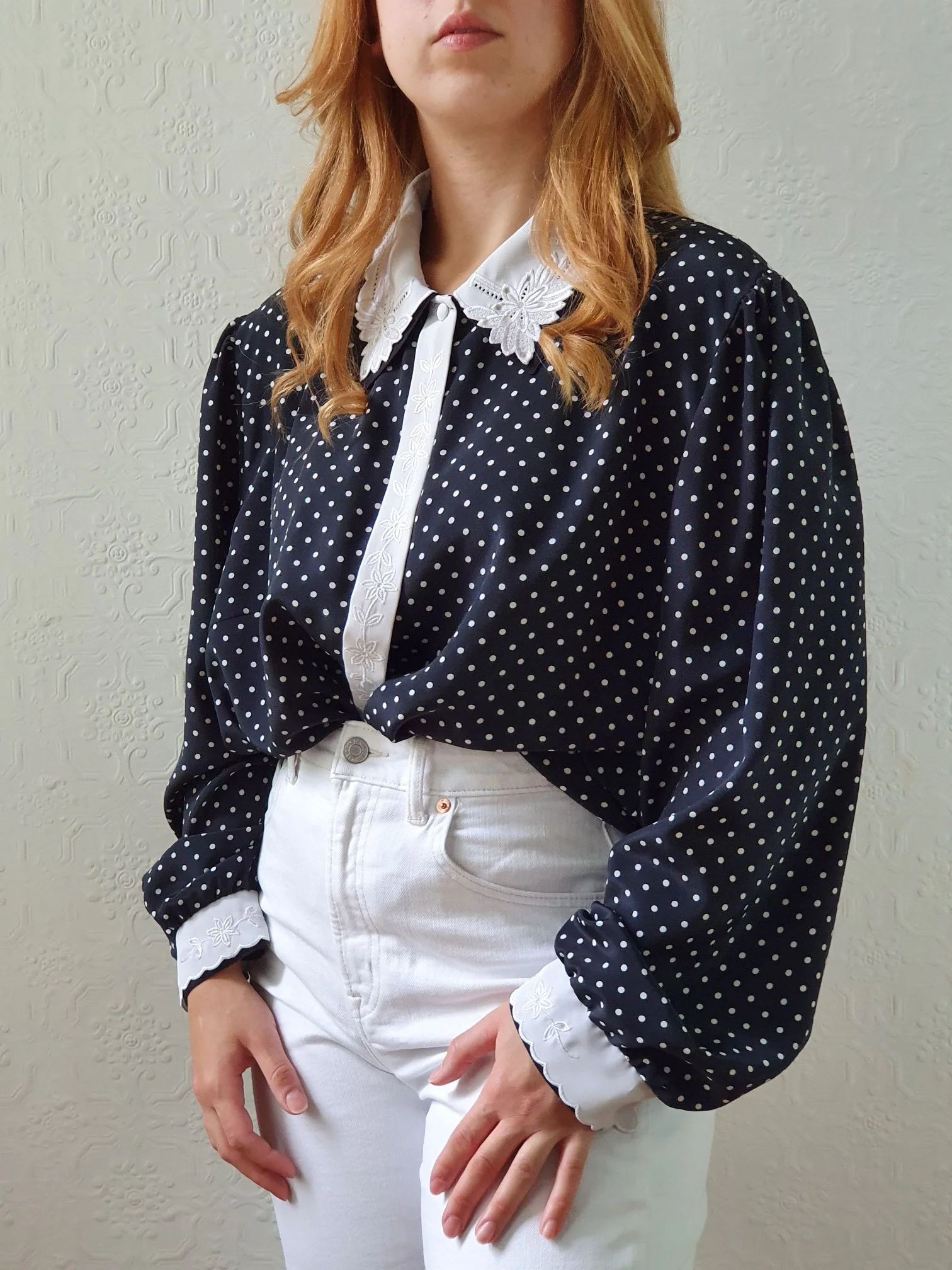 Vintage 80s Black Polka Dot Long Sleeve Blouse - XL/XXL - Image 7