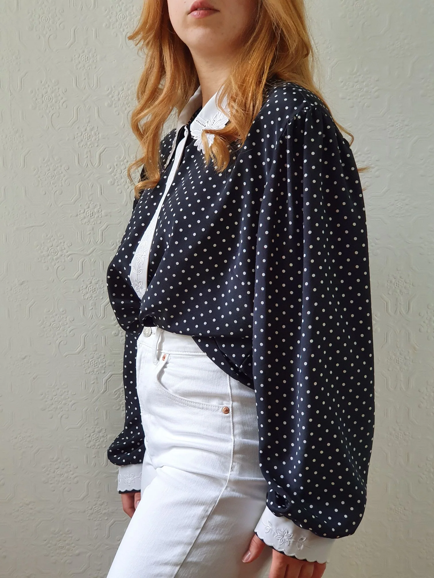 Vintage 80s Black Polka Dot Long Sleeve Blouse - XL/XXL - Image 8