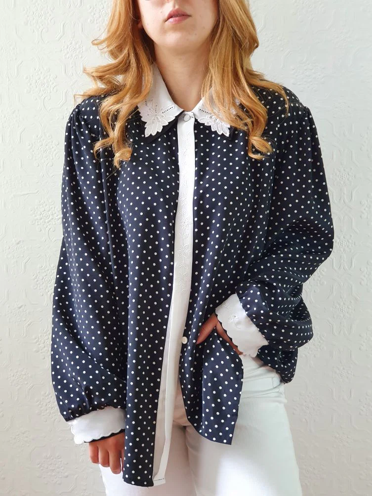 Vintage 80s Black Polka Dot Long Sleeve Blouse - XL/XXL - Image 9